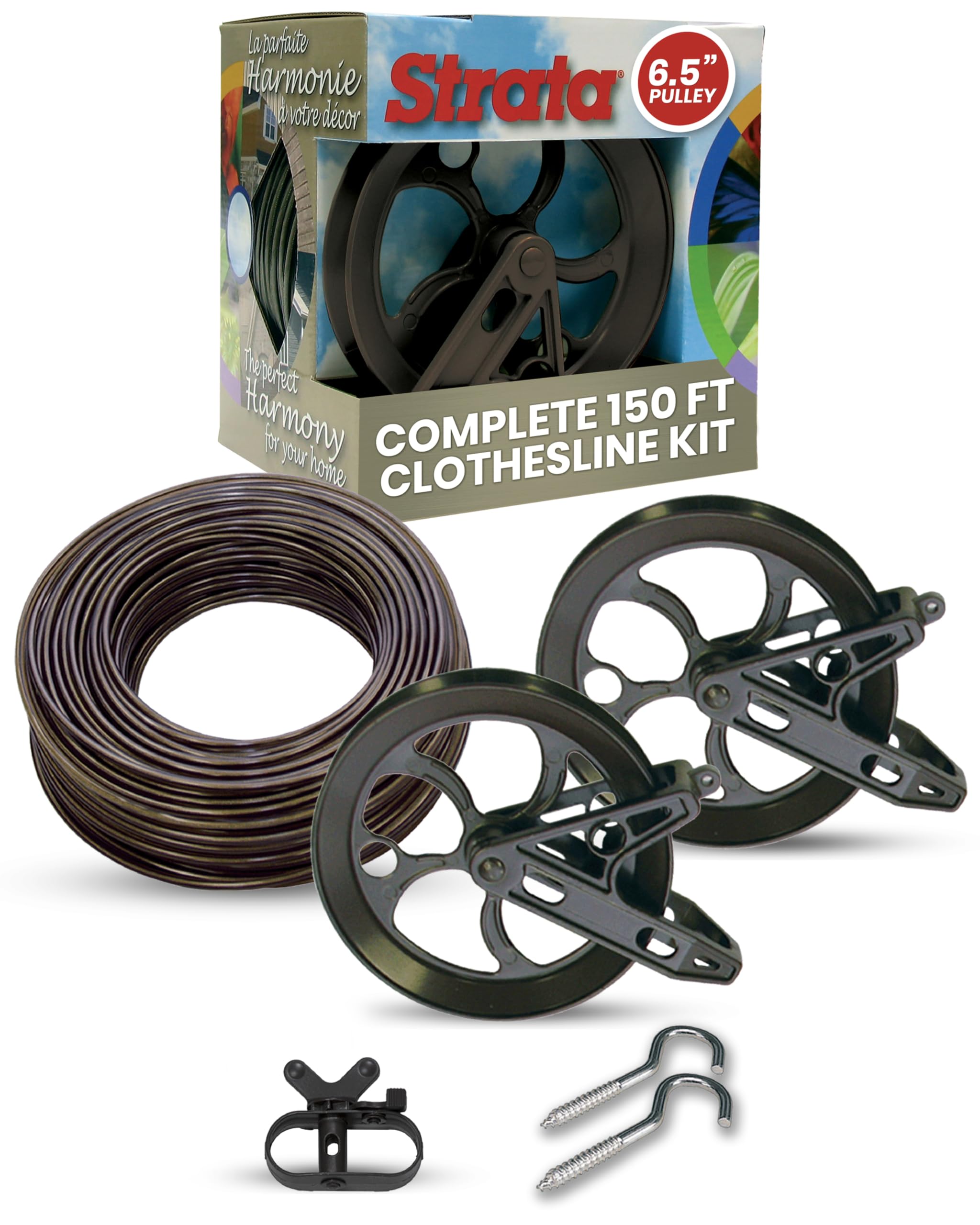 Strata Mocha Harmony Clothesline Outdoor Heavy Duty Kit - 150 Feet Galvanized Wire PVC Coating, 6.5" Aged Bronze Clothesline Pulley 2pcs, Aged Bronze Metal Mini Winch Tightener 1pc & 2 Metal Hooks