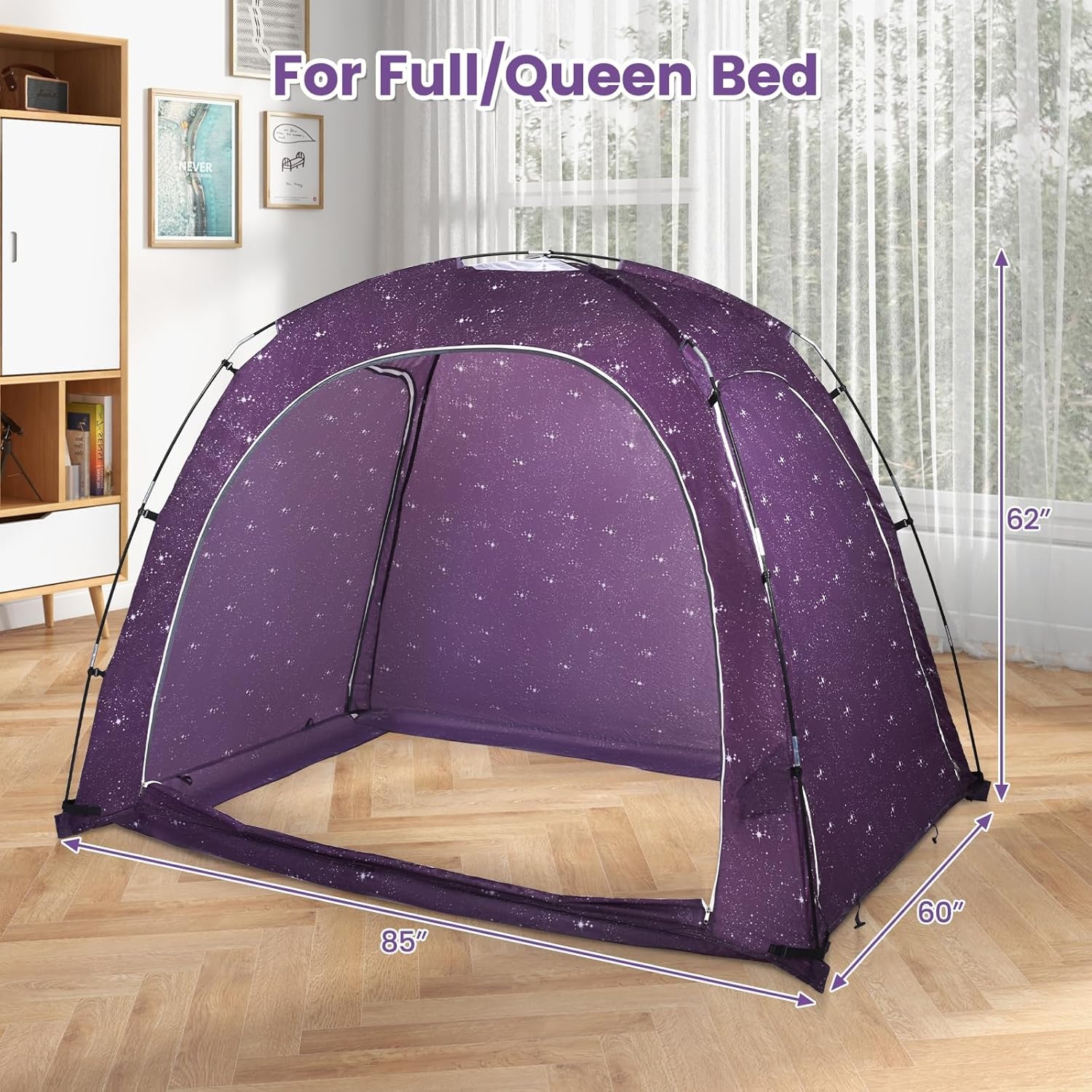 Image of the Goplus Bed Tent showing its dimensions: 85 inches length, 60 inches width, and 62 inches height, suitable for Full/Queen beds.