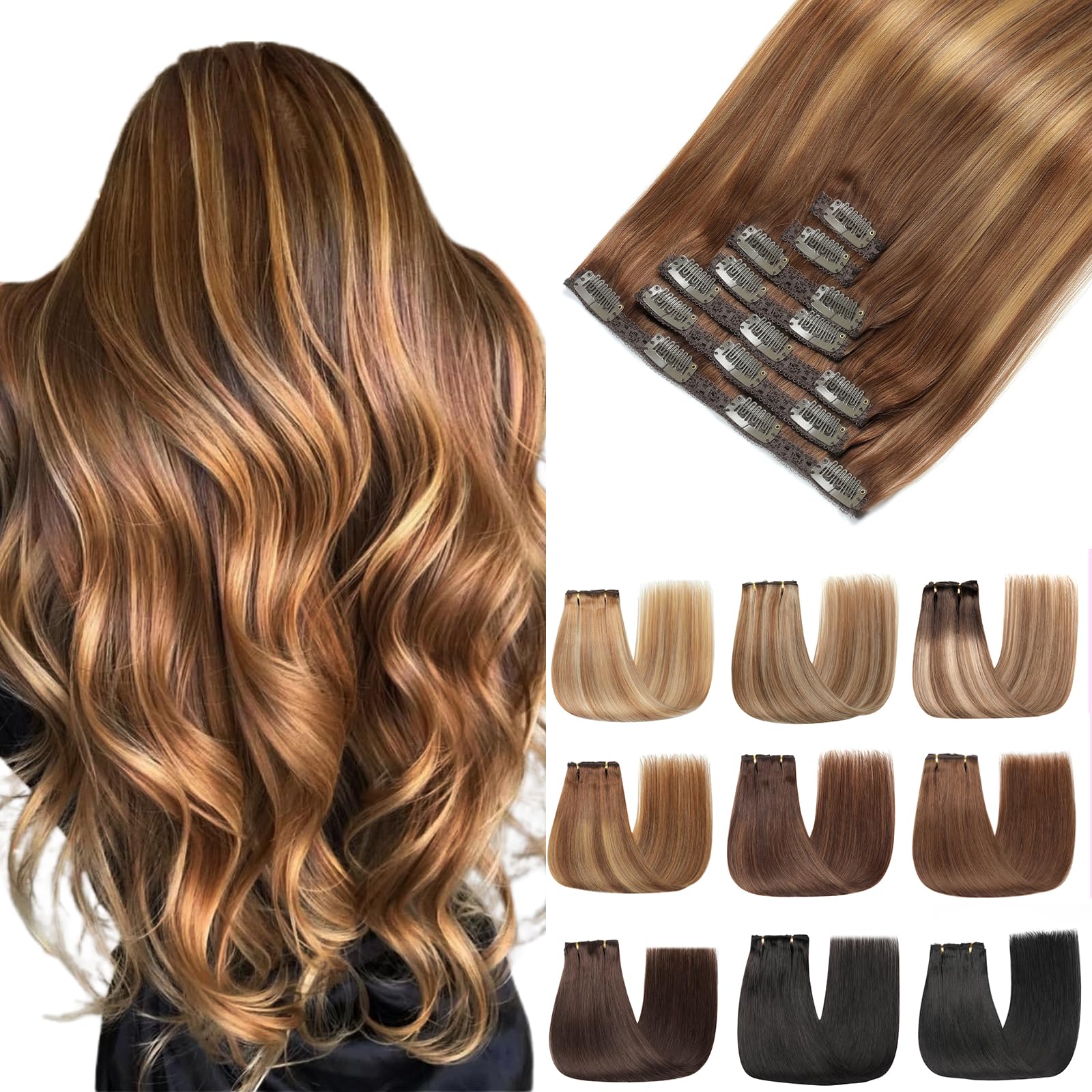 Extension Capelli Veri Clip 7pcs 80g 35cm (14Inch, 4/4/27#) Lisci Invisibili Remy Umani Human Hair