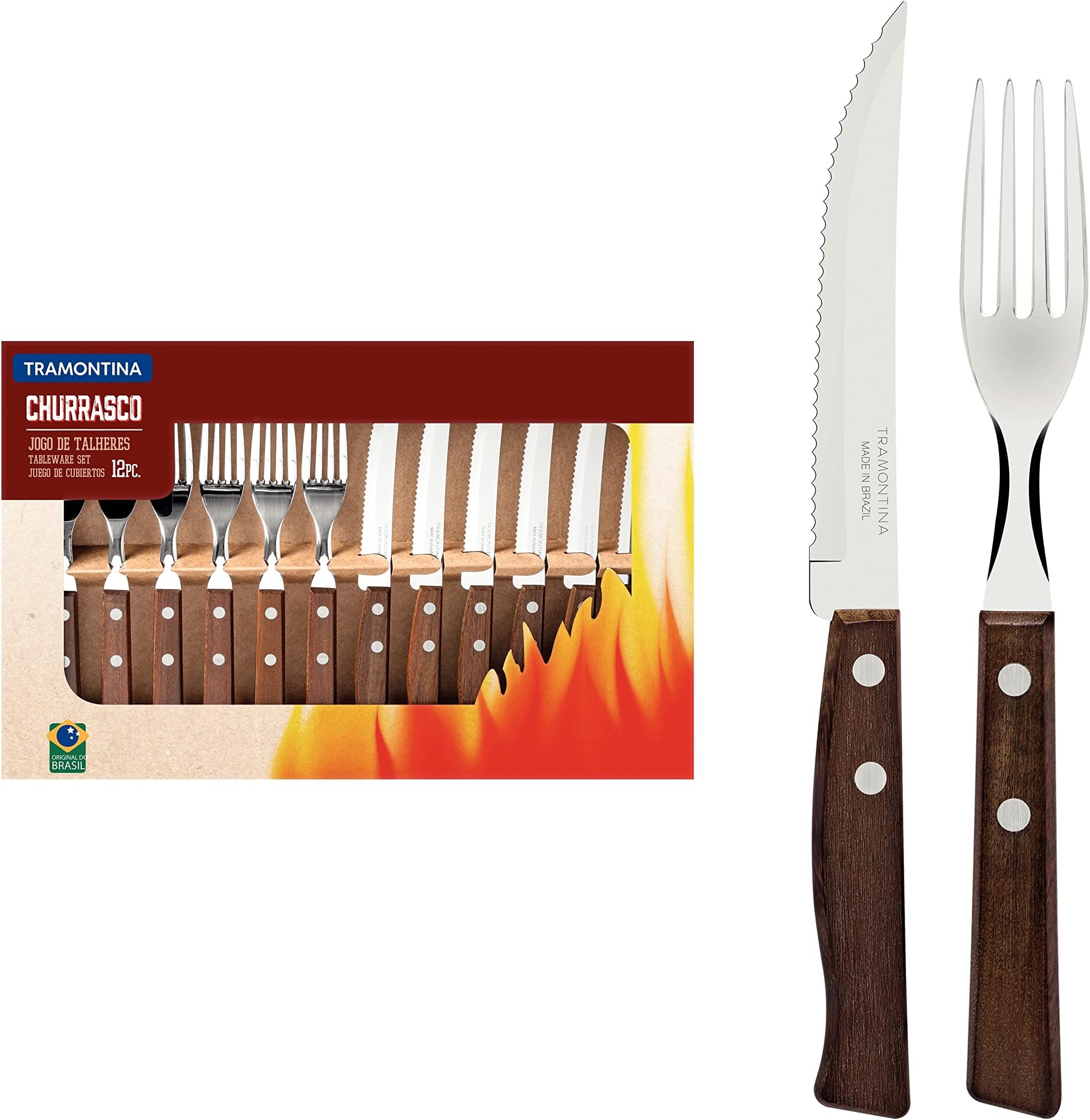 Cutlery Set with Steak Knives, 12 Piece Sharp Knife and Fork Set with Wooden Handles, ‎Camping, Kitchen, Rustic, 22299002