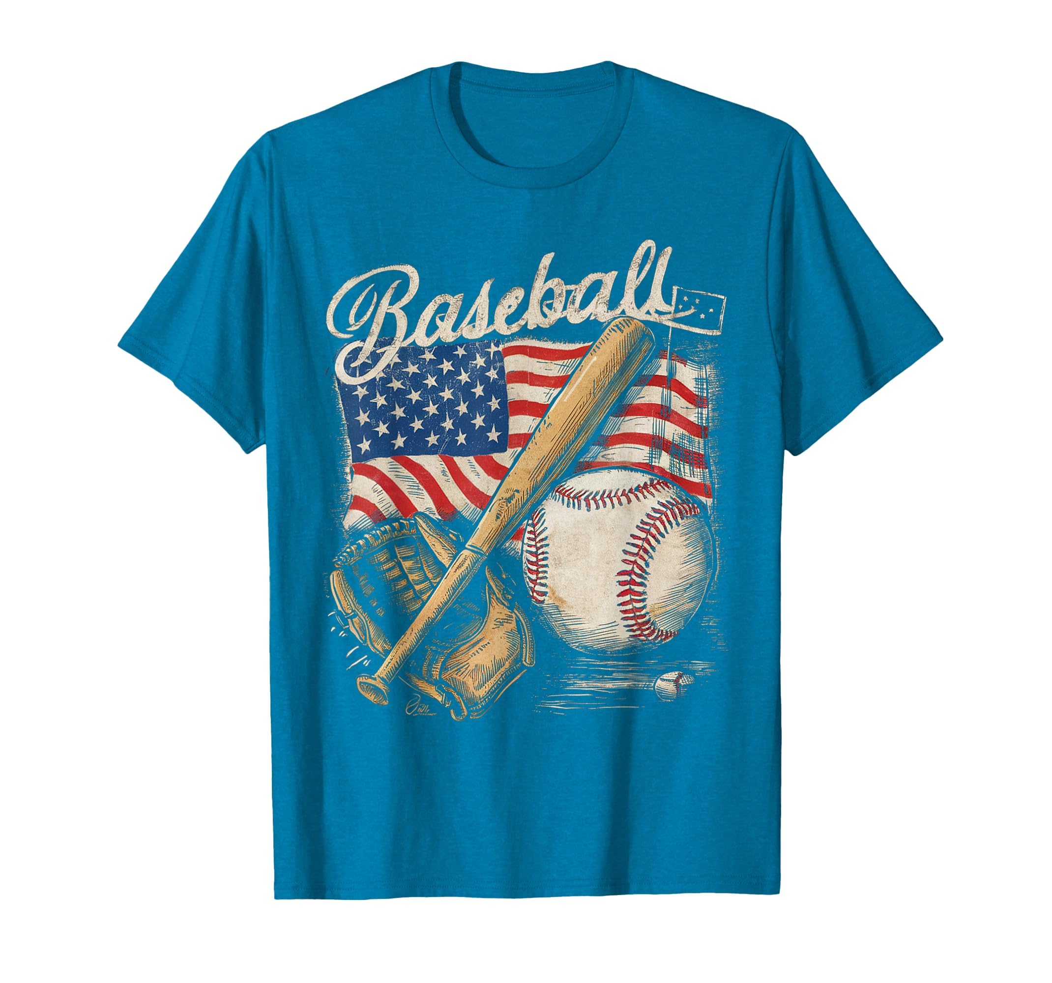 American Flag Baseball Player Bat Fan Catcher Pitcher USA T-Shirt