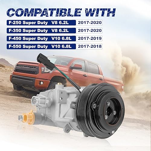Miniatura 2 de Compresor de AC con embrague compatible con Ford F-250 F-350 F-450 F-550 Super Duty 6.2L 6.8L, reemplaza el número OE CO11409C, HC3H19D629CC,