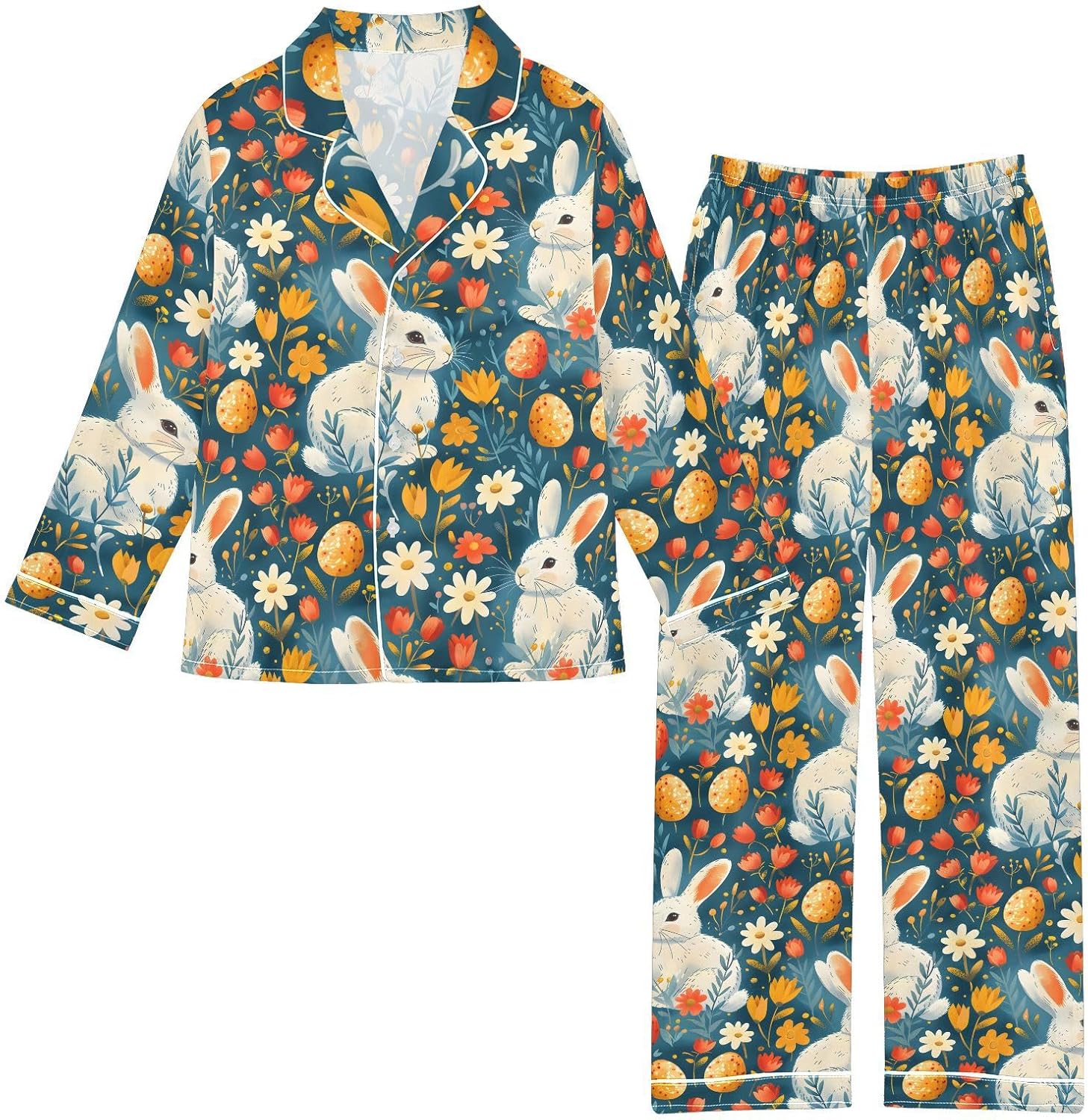 senya Flower Rabbit Egg Satin Pajama Sets Long Sleeves Nightwear Button Down Sleepwear