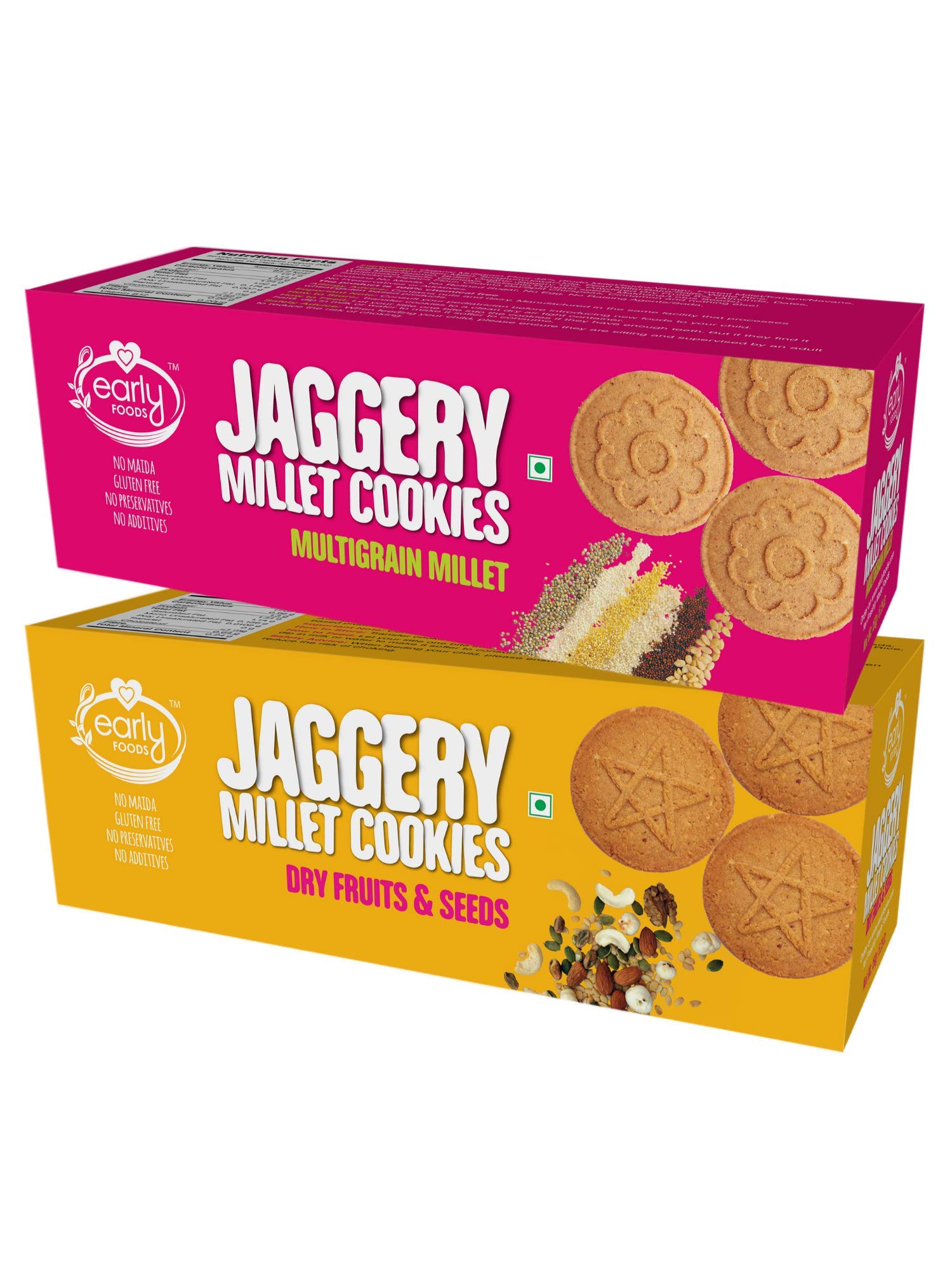 Early Foods Assorted Pack of 2- Dry Fruit & Multigrain Millet Jaggery Cookies, 2 X 150 g