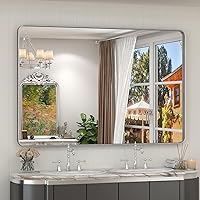 Vista 19 de Espejo rectangular para pared de baño de 20x30 pulgadas con marco negro mate, espejo de tocador con esquinas redondeadas, espejo de baño de metal