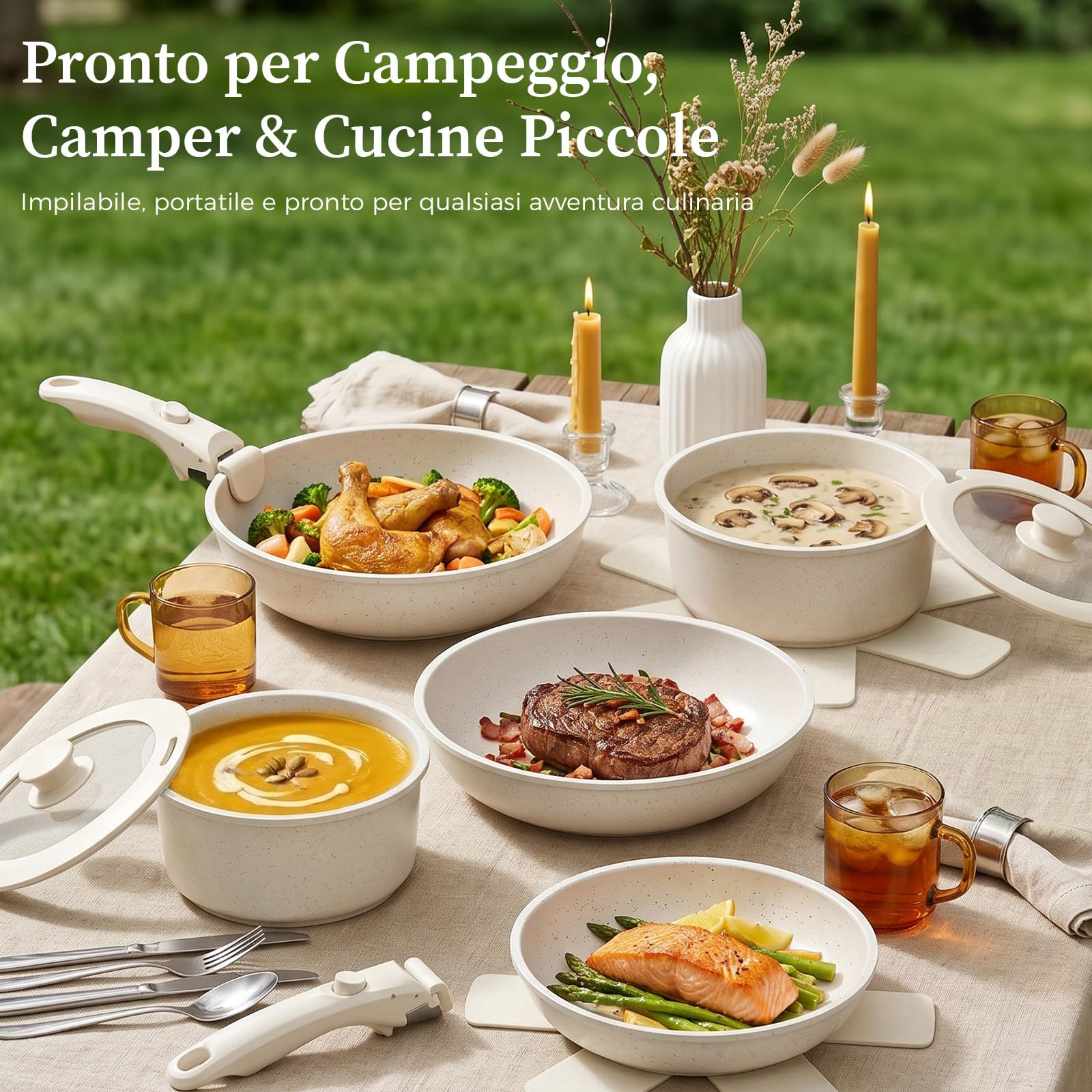 YASHE Pentole induzione 15 pezzi, atossiche, senza PTFE e PFAS | Tegame con Coperchio, Batteria da Cucina Antiaderenti in Granito, Salvaspazio Impilabile, Per Casa e Camper
