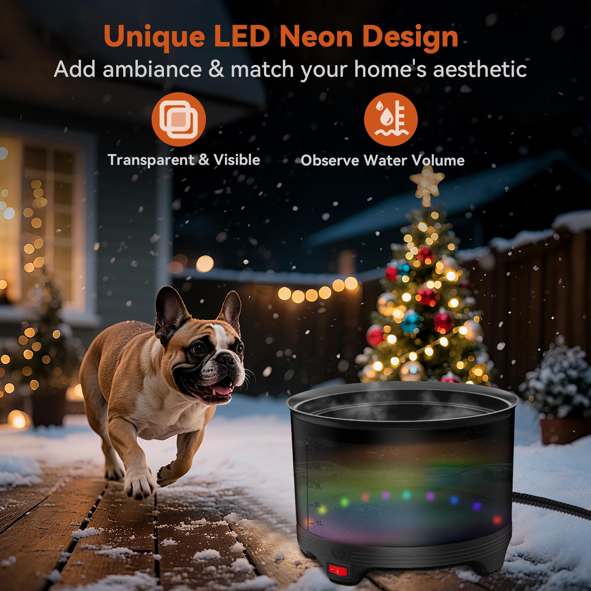 Cuenco de agua caliente de 5.5 L, cuencos grandes de invierno de 1.45 galones para perros para exteriores, cuenco de agua impermeable para mascotas con cable de alimentación resistente a las