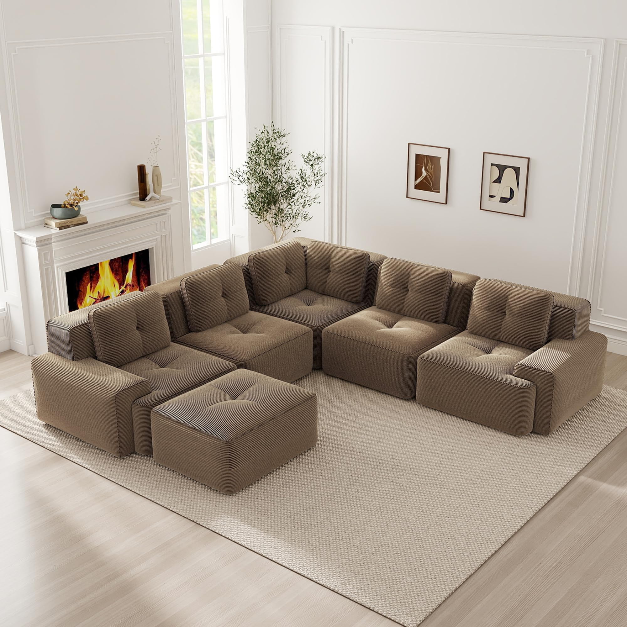 Modulares Ecksofa aus Cord, Rahmenloses Sofa mit Höhere Rückenlehne, Tiefsitzer Wohnlandschaft, Frei Kombinierbares Sofa, Kein Aufbau Erforderlich Braun 5-Sitzer