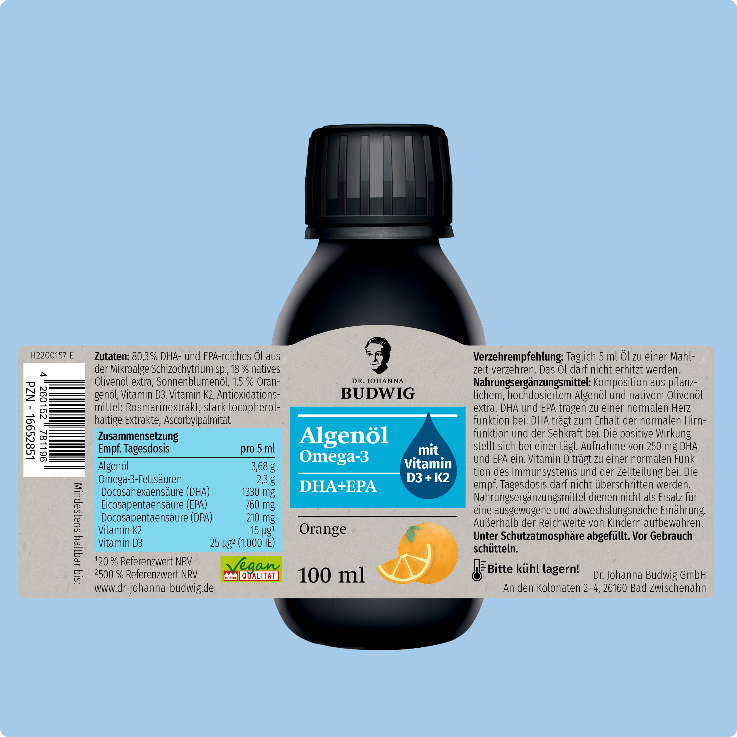 Dr. Budwig Premium Omega 3 Algenöl Vegan Orange (100ml) | Hochdosiert - 2300mg natürliches DHA, DPA & EPA - Vitamin D3 und K2 - flüssig - laborgeprüft - Alternative Fischöl