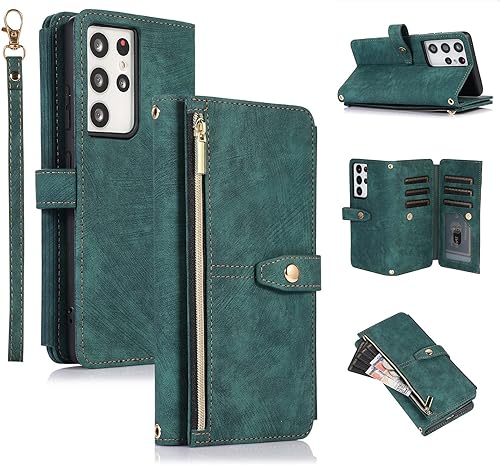 Miniatura 99 de UEEBAI Funda para Samsung Galaxy S21 FE 5G, 9 ranuras para tarjetas, cartera de cuero retro a prueba de golpes, con correa de mano, ranuras