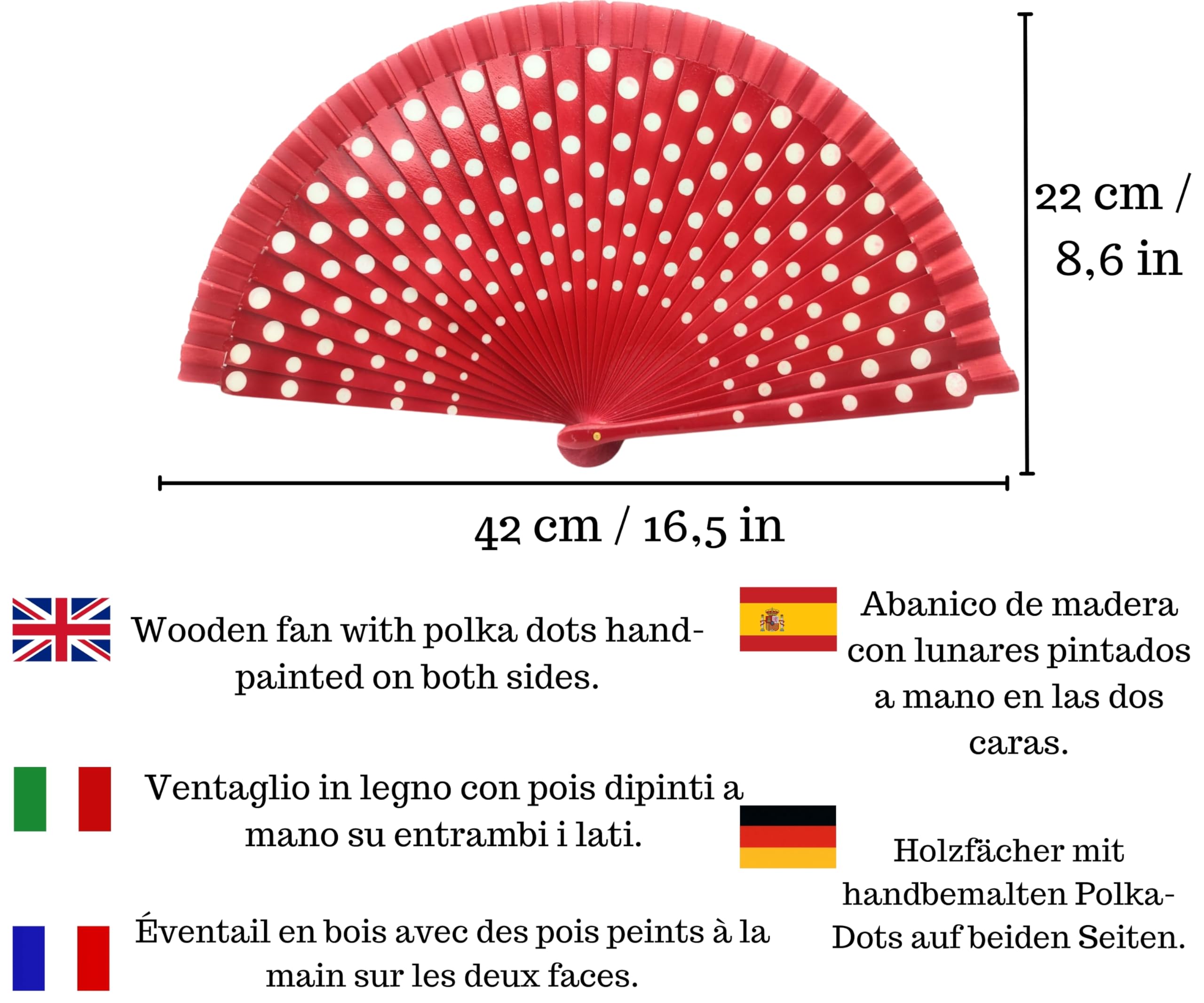 Abanico Plegable con Funda para Abanico. Tela Estampada de Algodón sobre Madera. Lunares Pintados. con Llavero de Costumbres Españolas (Rojo Lunares Blancos)
