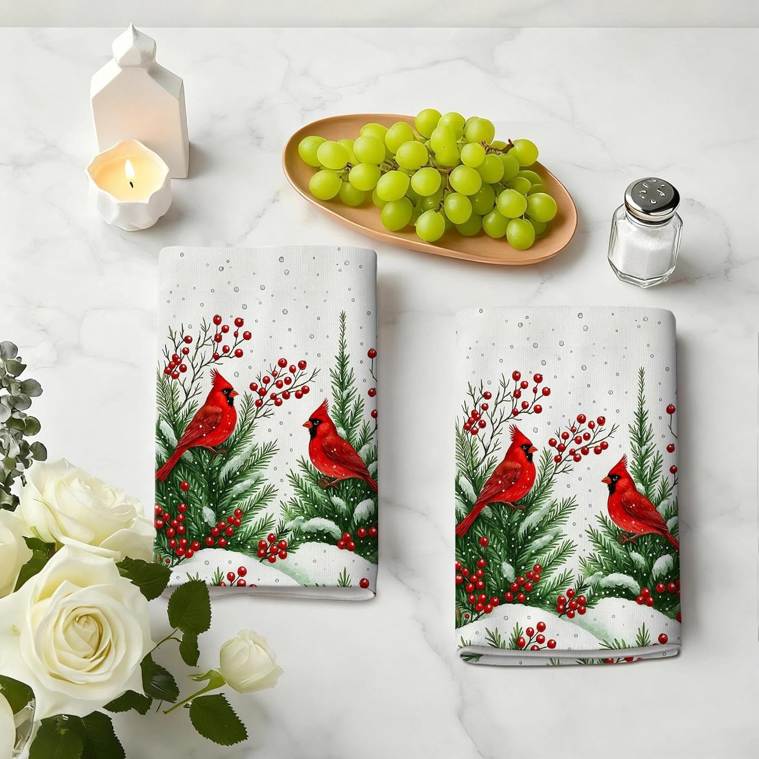 Christmas Cardinal Themed Kitchen Dish Towels Set of 2, Cute Winter Decoration Hand & Tea Towels, Red Cardinal Christmas Kitchen Decor & Cardinals Lovers Gifts for Women - Image 3