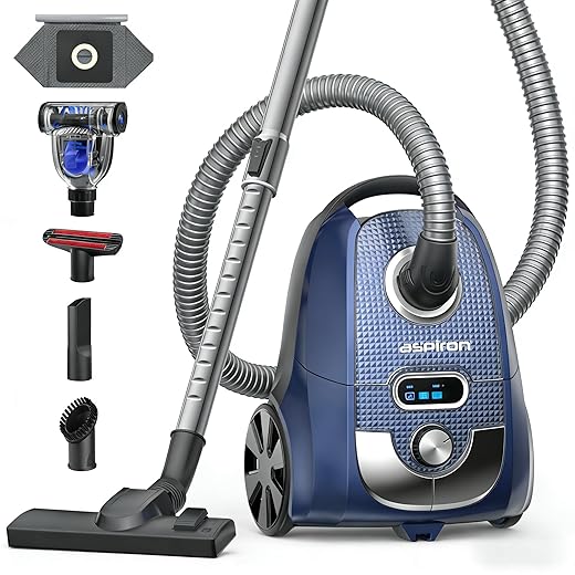 Aspiron Canister Vacuum, 1600W/40KPA Canister Bagged Vacuum, 4QT Dust Bag, H13 HEPA Filter, 5 Tools, Pet-Friendly,Variable Power Control,for Carpets, Hardwood Floors, Stairs, Pet Hair, Household