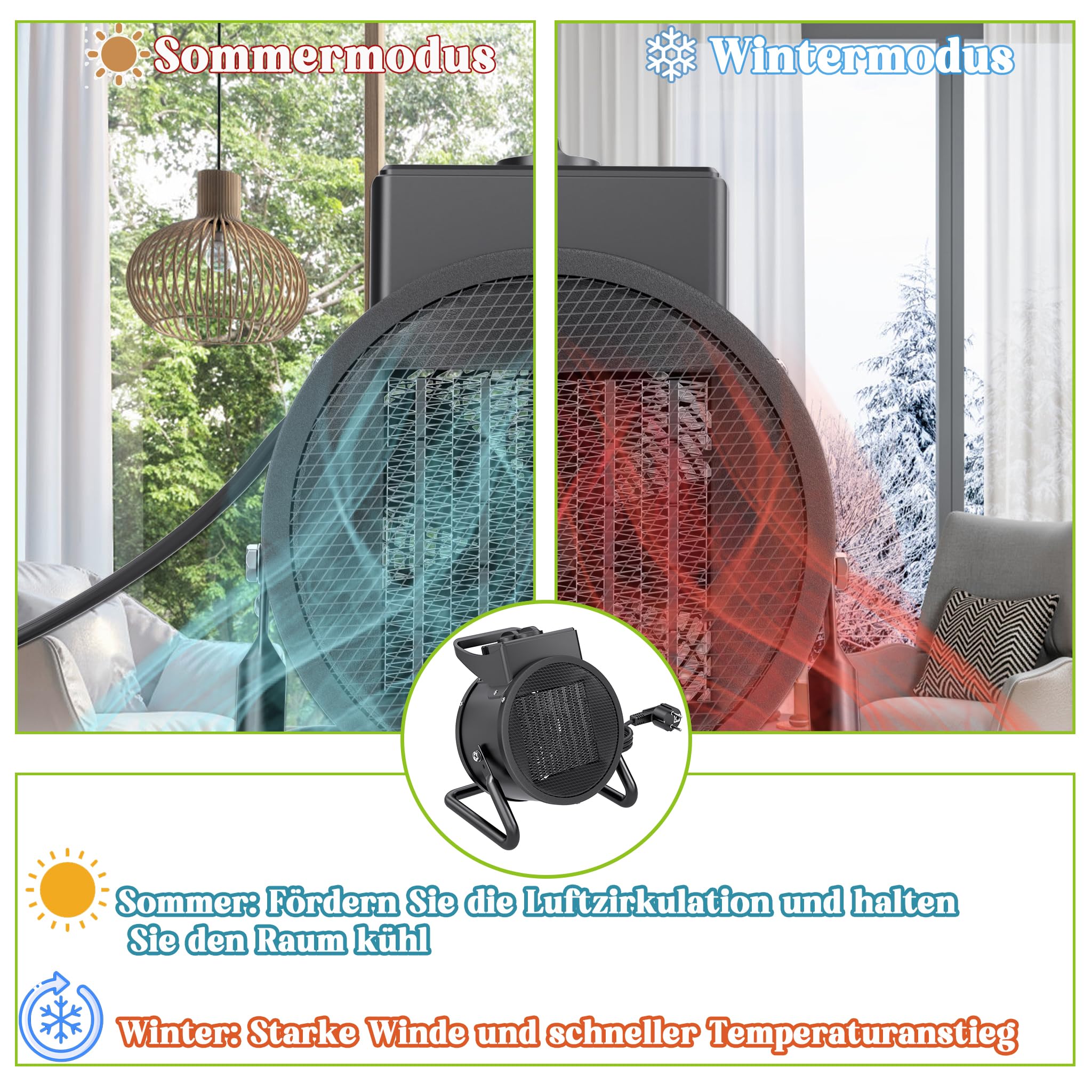 XMTECH Ceramiczny termowentylator elektryczny, w zestawie 2 stopnie grzania (1500 W/3000 W), ceramiczny element grzejny PTC, elektryczna dmuchawa grzewcza, grzejnik elektryczny, grzejnik budowlany na