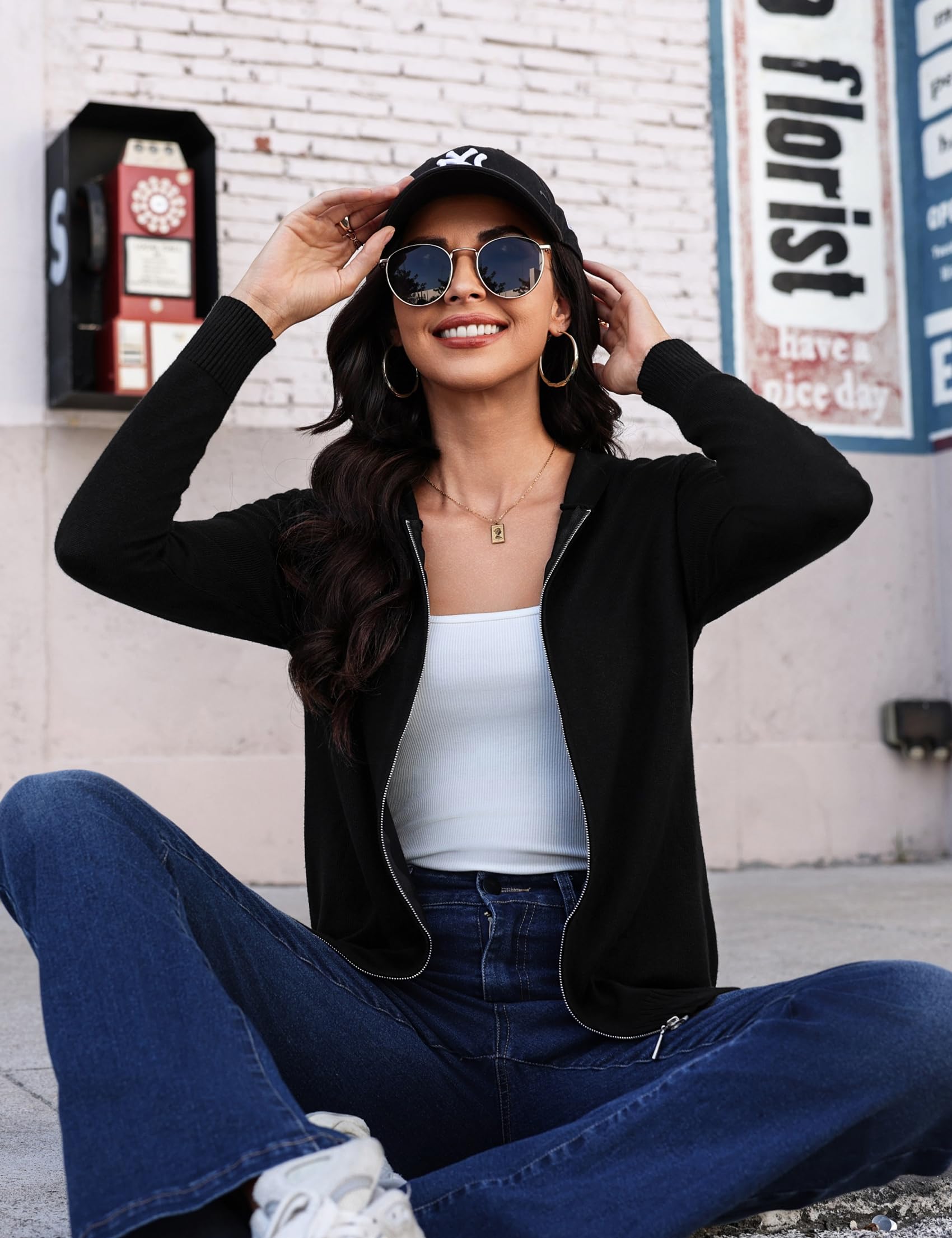 Aottori Gilet Cardigan Zippé Femme Chic et Elegant à Capuche Manches Longues Tricoté Léger Veste Sweat Pull Casual Automne Hiver