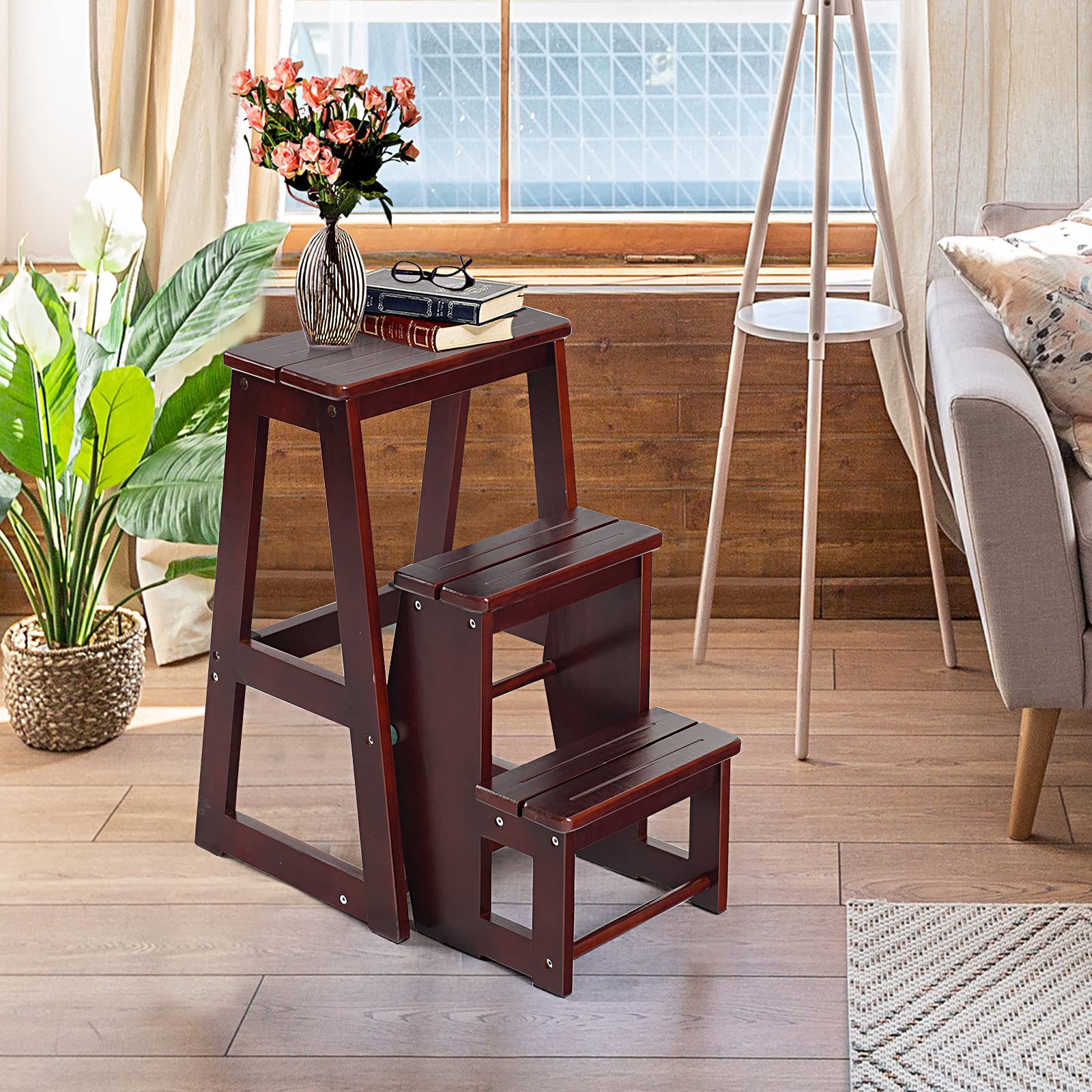 RELAX4LIFE Leiterstuhl 3 Stufen, Tritthocker Kiefernholz, Trittleiter zusammenklappbar, Trittstuhl, Haushaltsleiter, Hockerleiter, Klapphocker, 57 x 38 x 65 cm, Braun (Dunkelbraun)