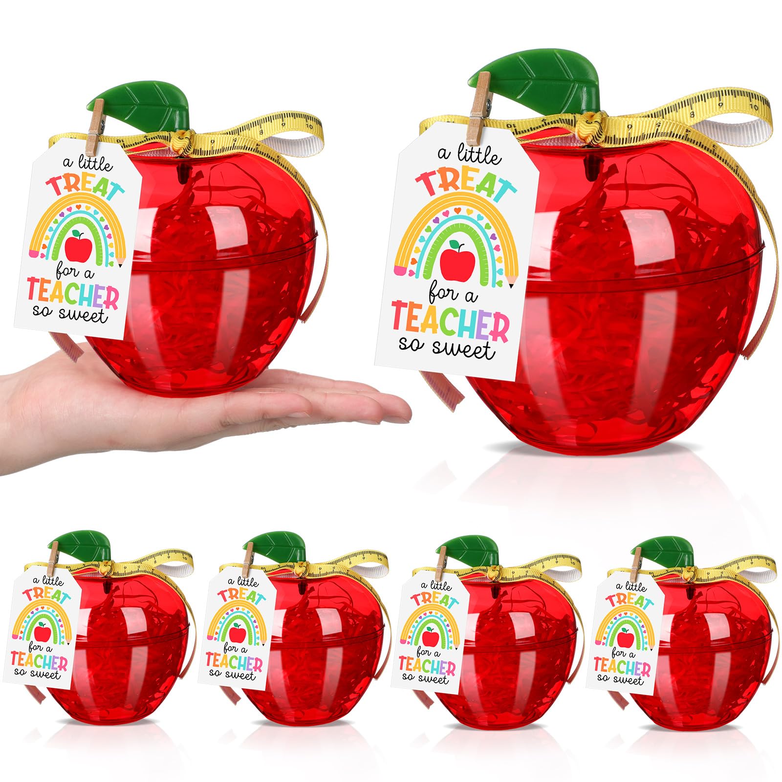 Mimorou 6 Sets Plastic Apple Containers for Teachers Red Apple Shaped Candy Jar Back to School Gifts with Thank You Cards Ruler Ribbon Raffia for Graduation Teacher Appreciation Gifts Decorations