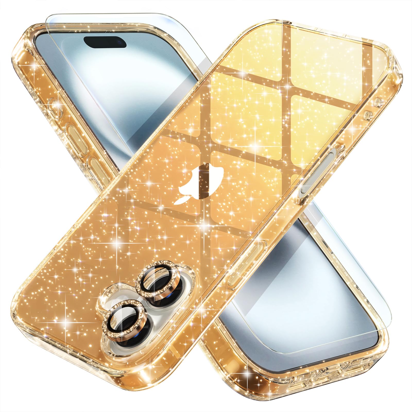 Choiche Compatible for iPhone 16 Plus Case, Women Cute Clear Glitter Bling Sparkly Case, [2 x Diamond Camera Lens Protectors] [2 x Tempered Glass Screen Protectors] 6.7-inch (Glitter Gold)