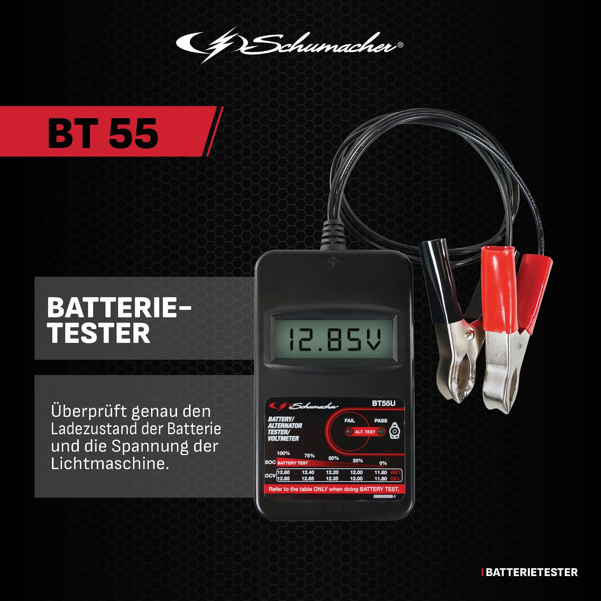 Schumacher Auto Batterietester Compact BT55 - Überprüfung der Lichtmaschinenspannung im Auto - Kompatibel mit 6V/12V/24V Batterien Typ SLI, VRLA, AGM, Gel und 12V Lichtmaschinen - LCD Display | Überprüfung der Lichtmaschinenspannung, Kompatibel mit 6V/12V