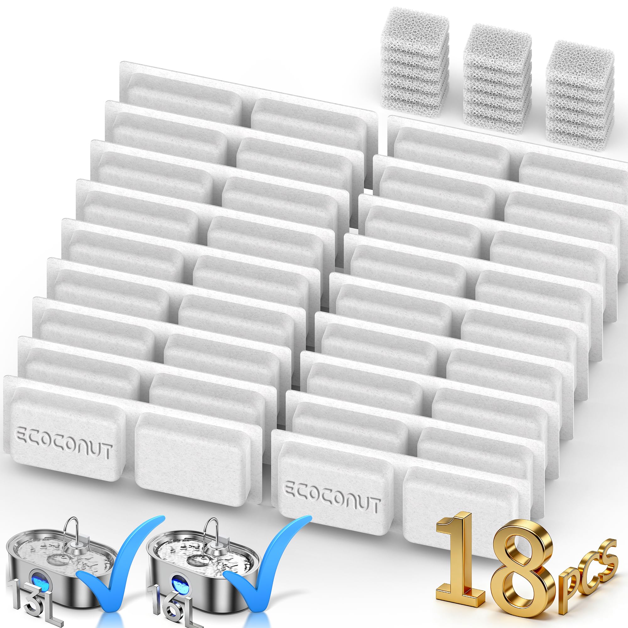 18 Pack Dog Water Fountain Filters: Pet Water Fountain Replacement Filters, Including 18 Filters + 18 Sponges, Suitable for ECOCONUT 3.4Gal & 4.2Gal Dog Water Fountain