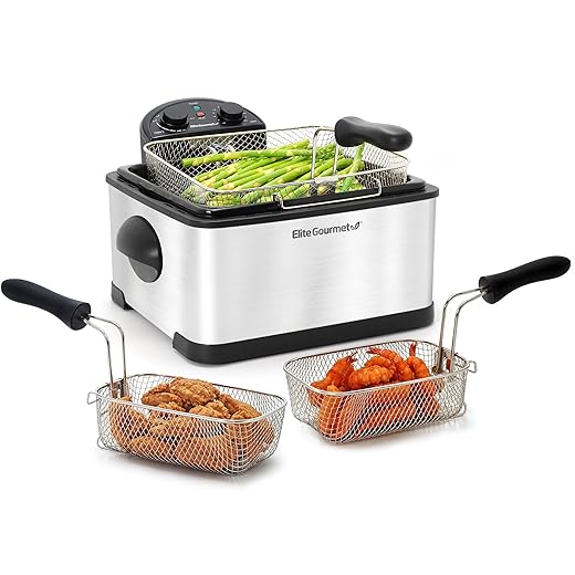 Elite Gourmet EDF-401T Electric 4.5 Qt. / 17 Cup Immersion Deep Fryer 3-Baskets, 1700-Watt, Timer Control Adjustable Temperature, Lid with Viewing Window and Odor Free Filter