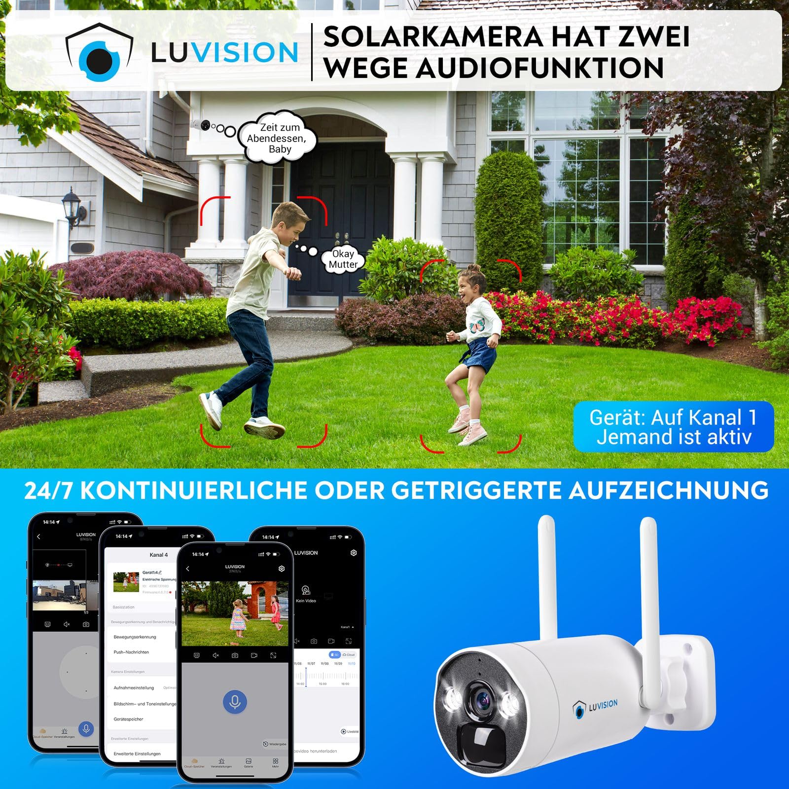 【4MP+2-Wege Audio+PC Software】 LUVISION WLAN Solar-Überwachungssystem Set mit 4MP Akku Überwachungskamera Set, 10 Kanal Dual NVR, Farbige Nachtsicht, Mikrofon, Wasserdicht, App WiFi 6 Technologie