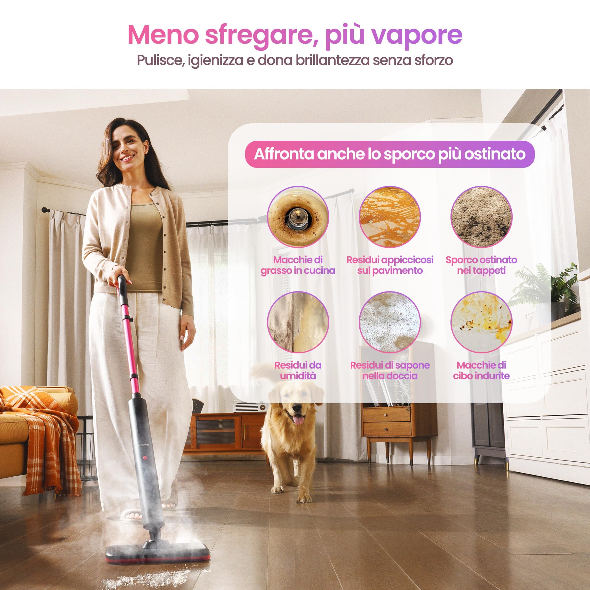 Schenley scopa a vapore – pronta in 10 s, pulizia senza chimici per pavimenti duri, piastrelle e laminato, panni lavabili, 3 livelli vapore per tappeti, autoportante