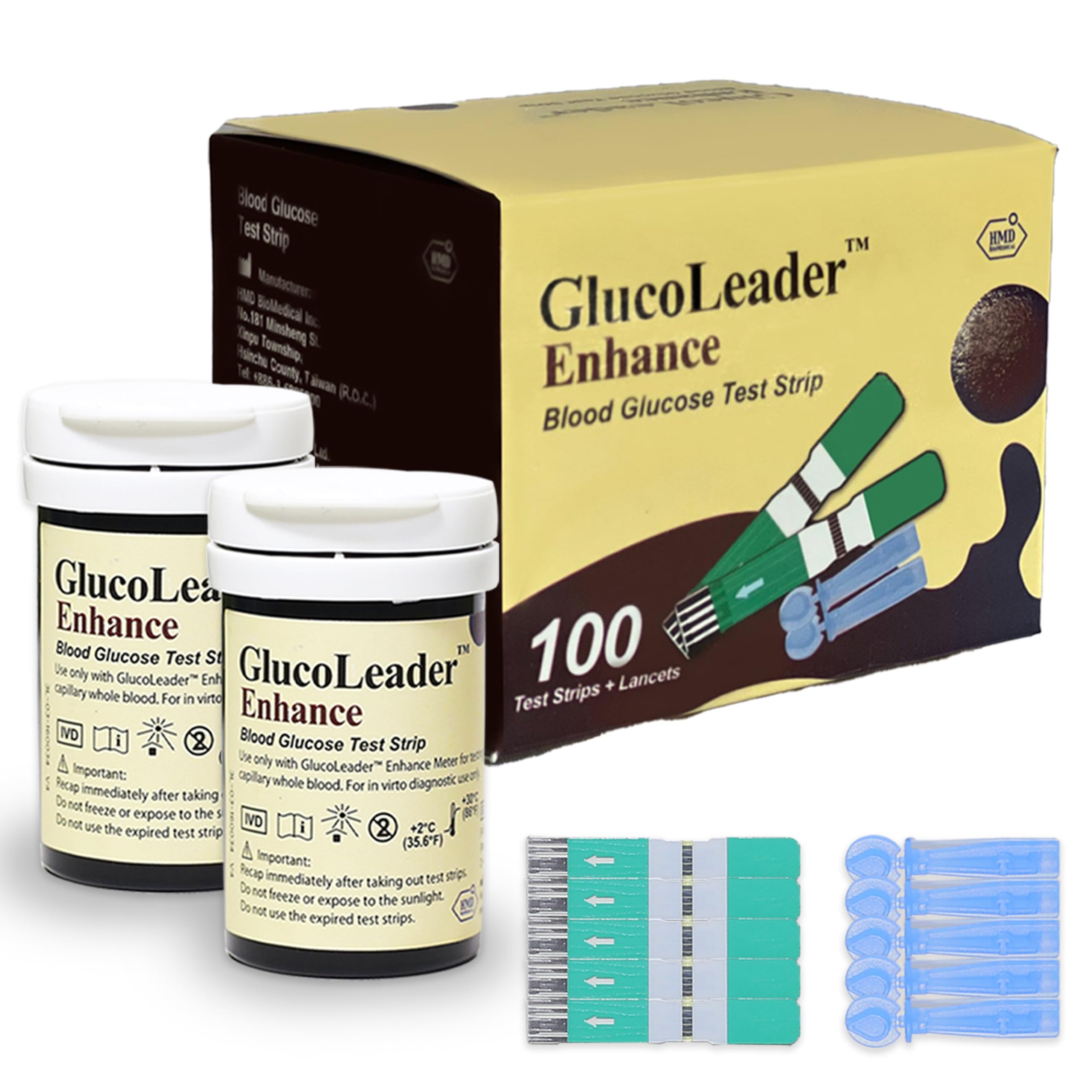 GlucoLeader Blood Glucose Test Strips with Lancets. Made in Taiwan. (Meter Sold Separately) (100)