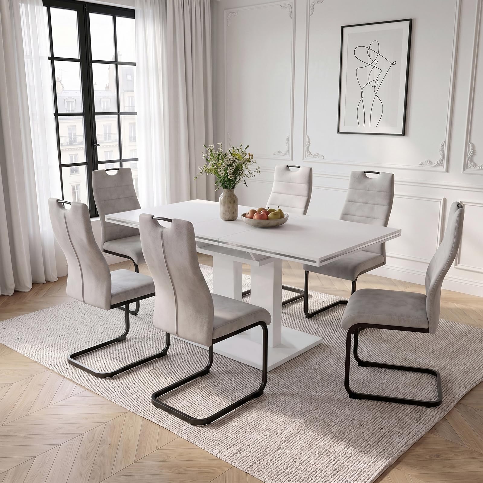 JIEXI Set di 6 tavoli da pranzo espandibili, bianco lucido con 6 sedie in tessuto grigio, moderno piedistallo per cucina, sala da pranzo