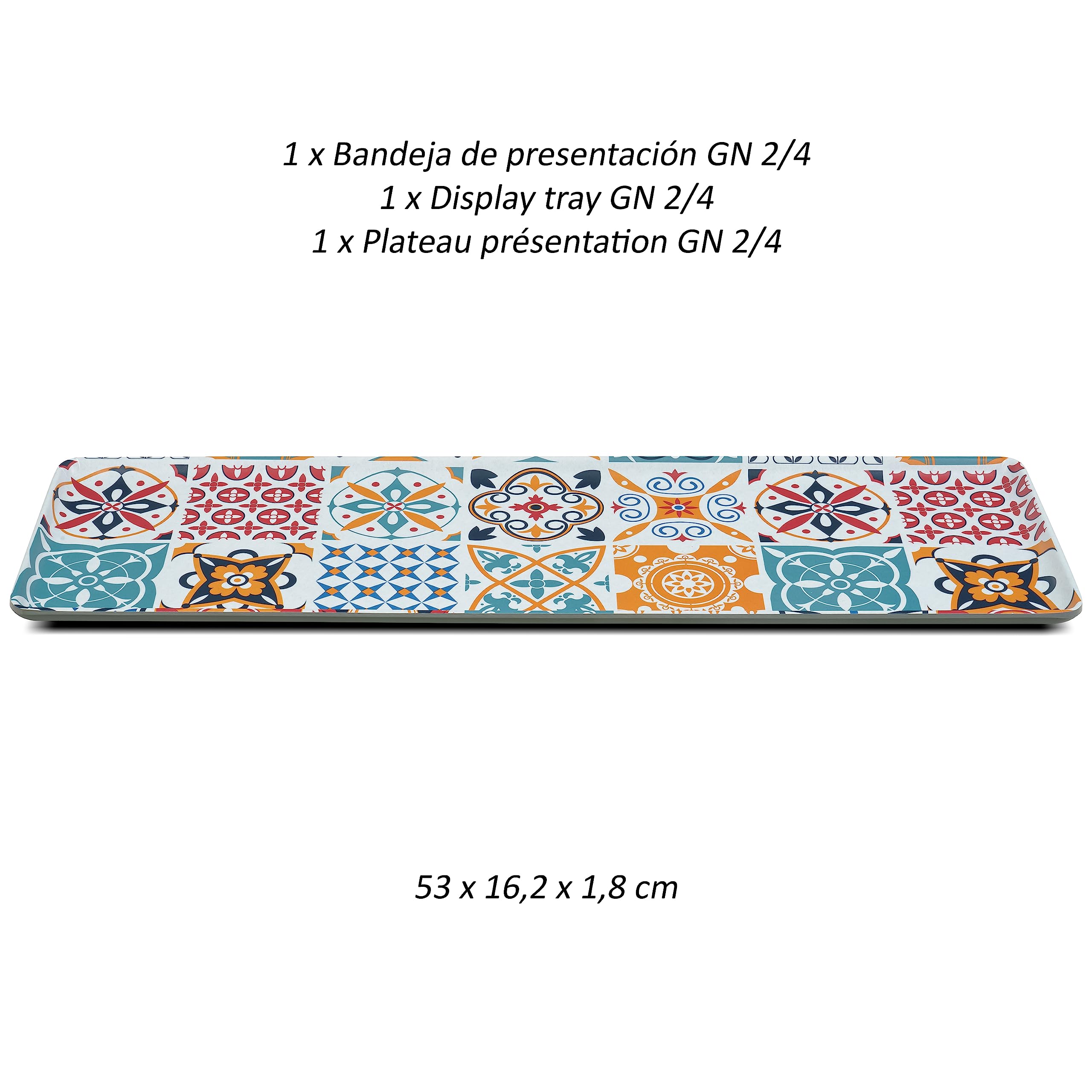 MBH - Set di 3 vassoi per servire cibo per la presentazione di alimenti in tavola. Set di vassoi in melamina con design idraulico colorato ispirato al Mediterraneo.