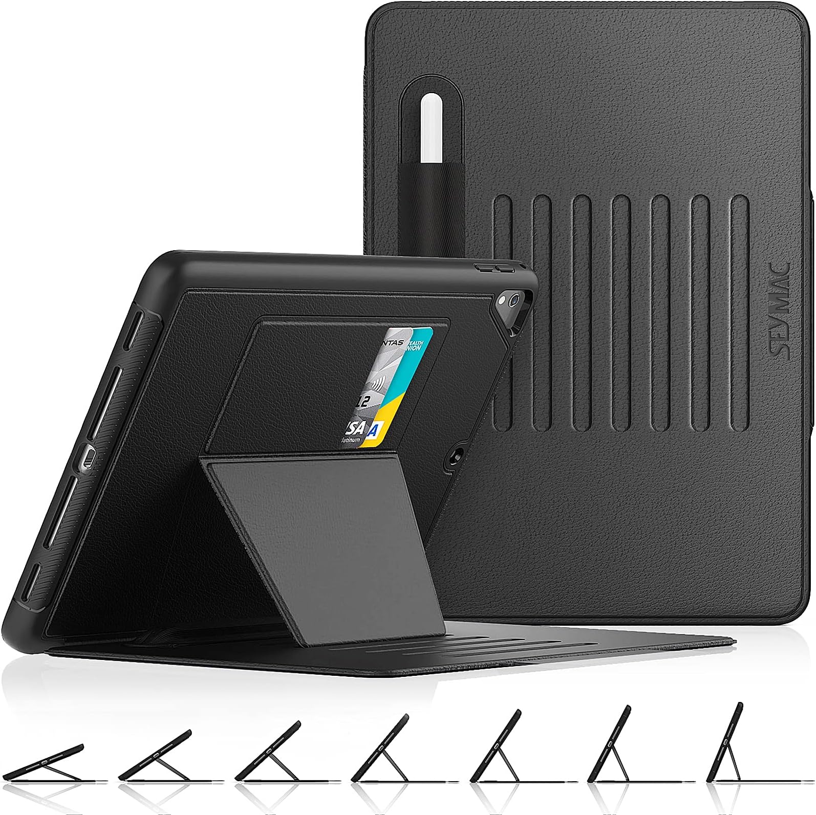 SEYMAC stock Case for iPad 6th/5th Generation/Air 2 / Pro 9.7'', Magnetic Auto Sleep/Wake Smart Cover with [Multi-angles Stand] Pencil Holder & Card Slot Feature for iPad 9.7 Inch 2018/2017, Black