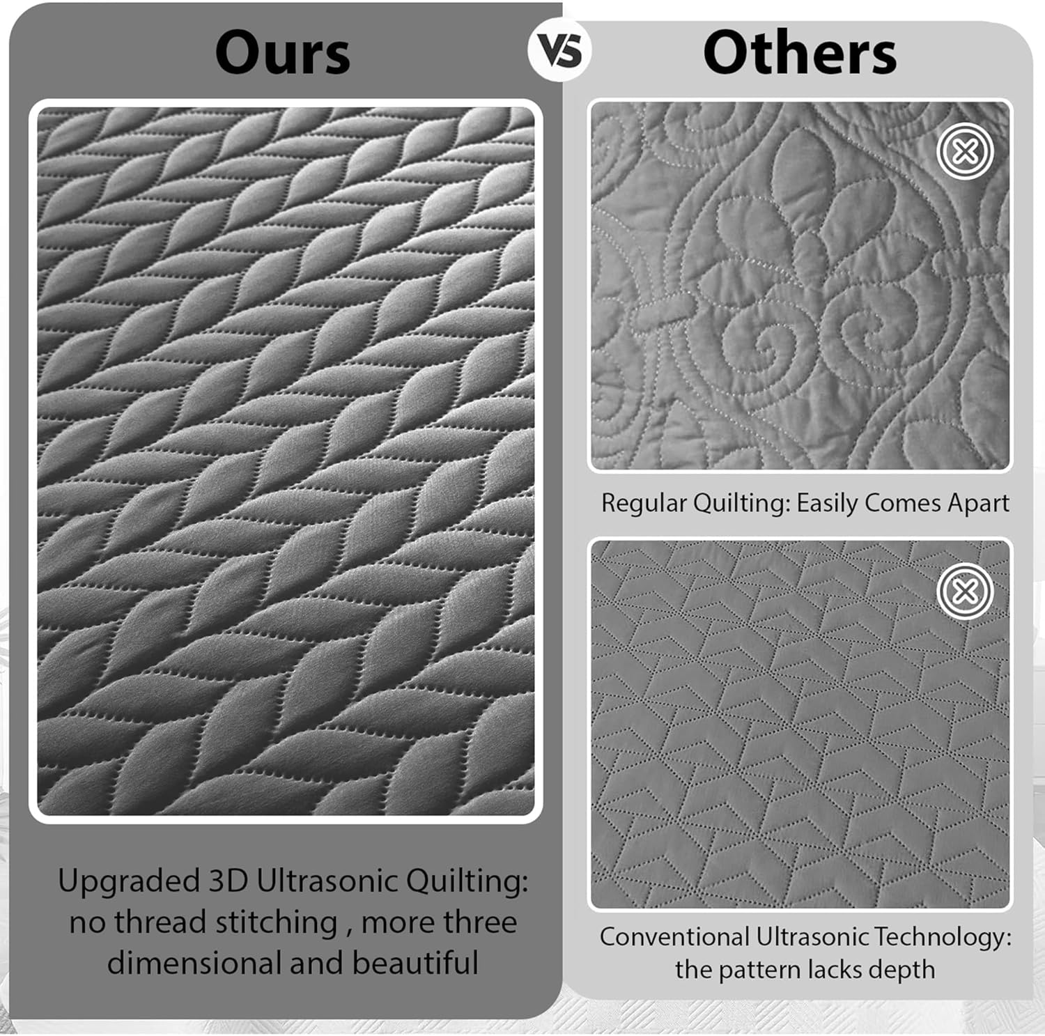 IR Imperial Rooms King Quilt Bedding Set Size (106" x 96") + 2 Pillow Shams (20" x 36"+ 2") - 3 Pcs All Season Lightweight Reversible Microfiber Coverlet Embossed Quilt Bedspread (Grey) - Image 3