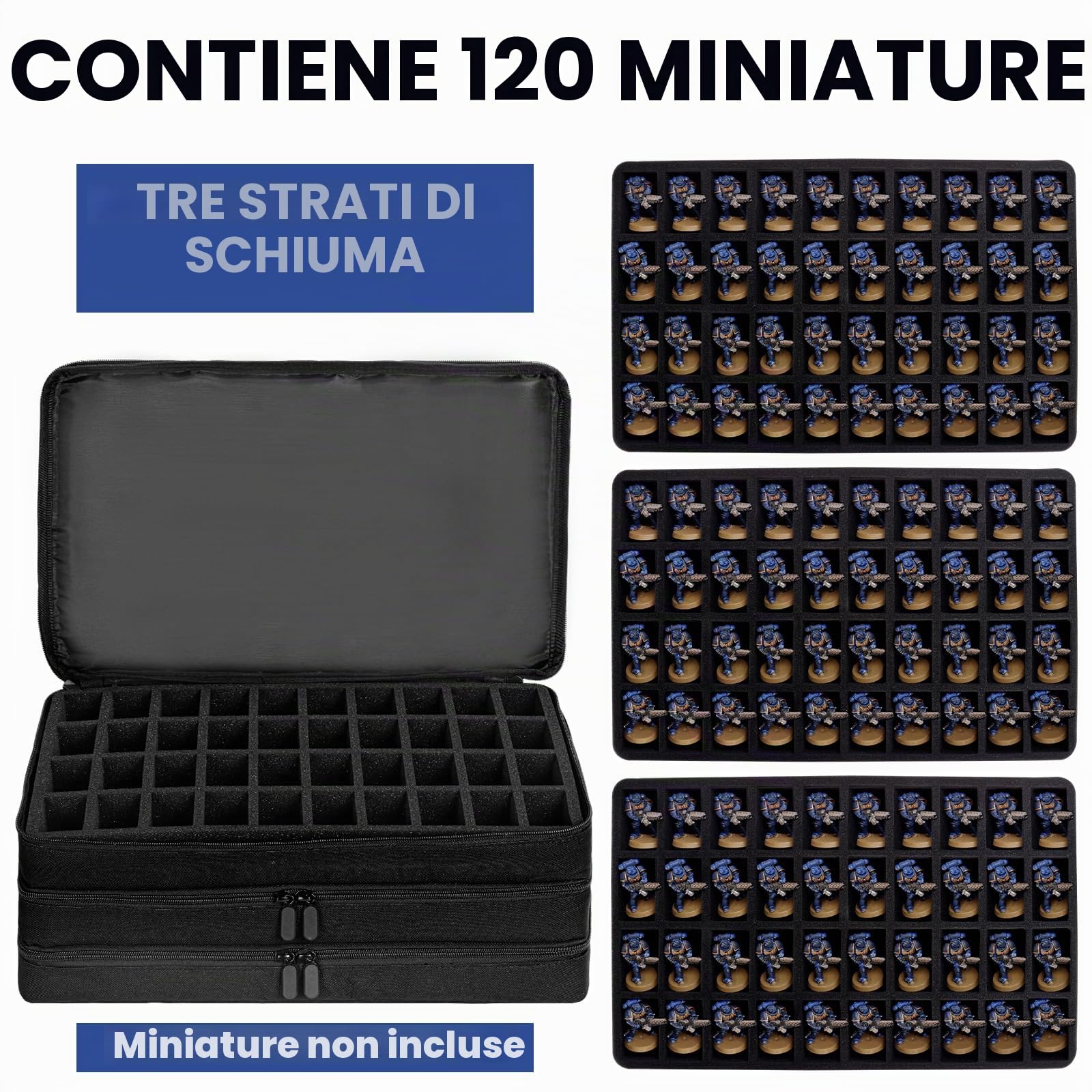 Valigia per il trasporto di miniature compatibile con 40k e DND, custodia per miniature con 120 slot e 3 inserti in schiuma adatta per miniature da 20 mm a 32 mm, Nero