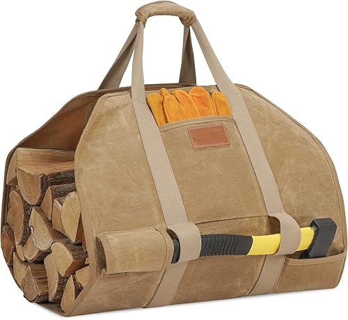 Bolsa de lona encerada con asas, soporte de leña resistente, accesorios para estufa de leña para campamento, barbacoa, interior y exterior
