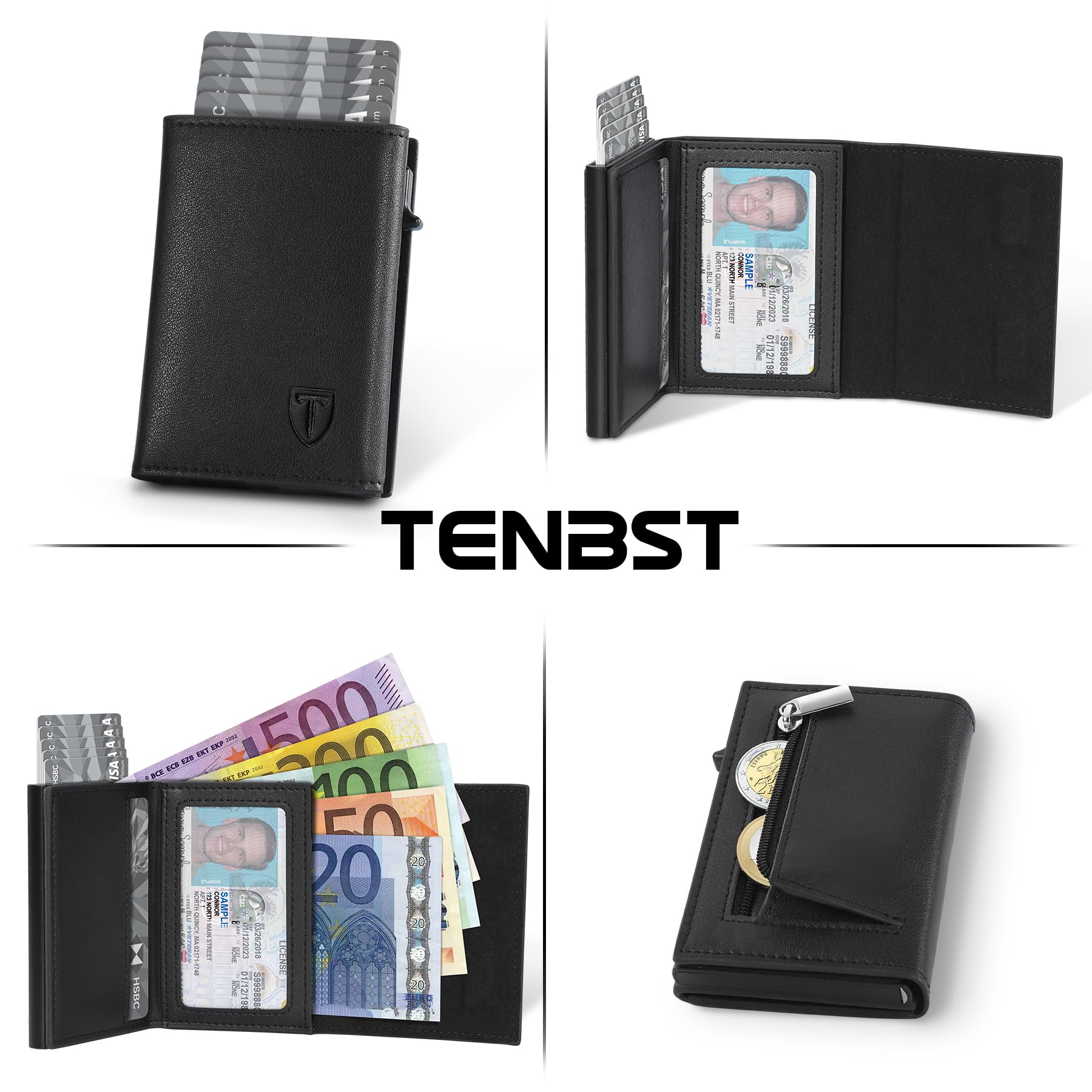 TENBST Portafoglio Uomo Slim, Portacarte in Pelle con Protezione RFID, Porta Carte di Credito Uomo Piccolo, Porta Tessere con Portamonete e Scomparti Banconote - Confezione Regalo