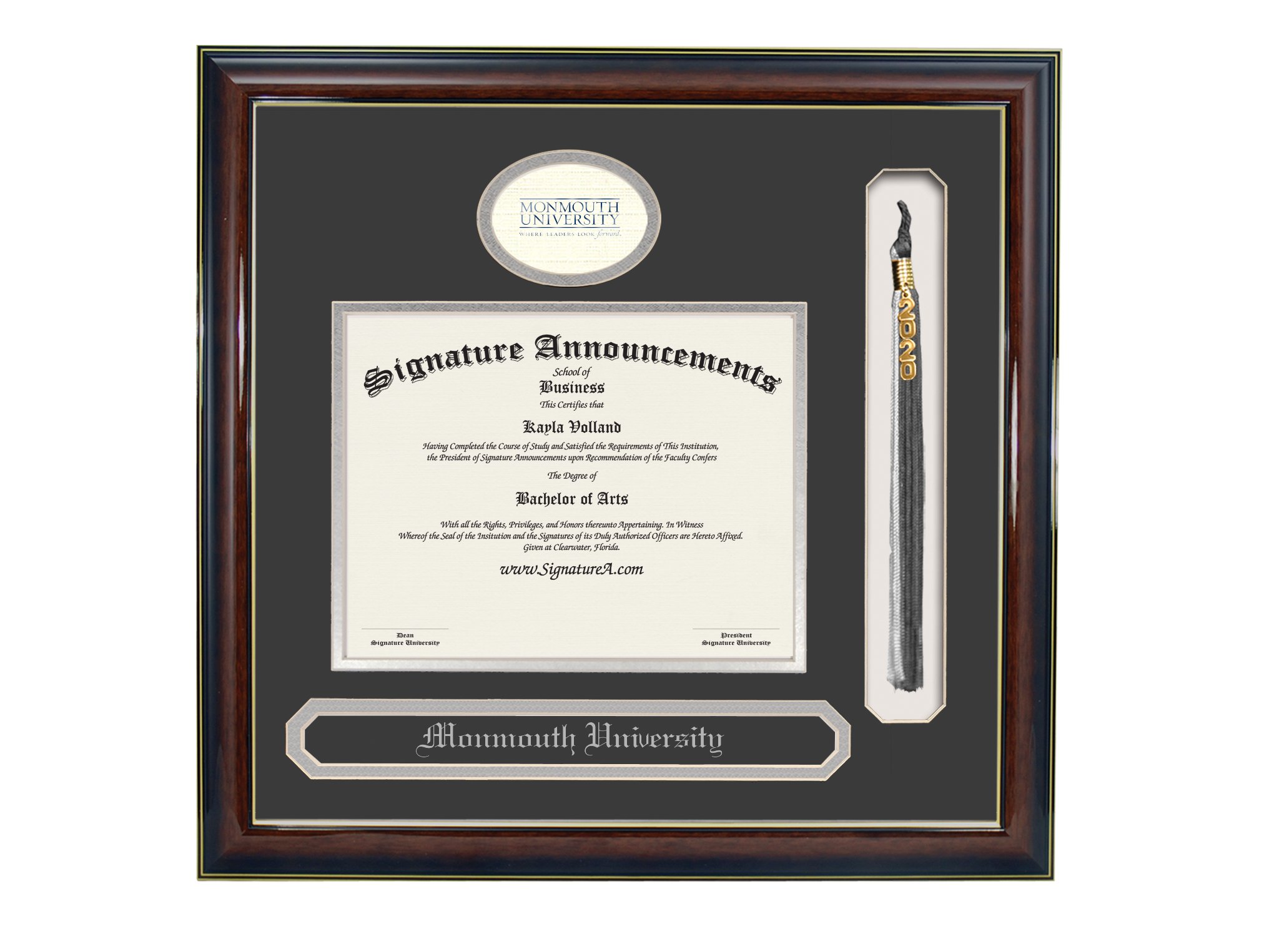 Signature Announcements Monmouth-University Undergraduate, Professional/Doctor Sculpted Foil Seal, Name & Tassel Graduation Diploma Frame, 16" x 16", Gold Accent Gloss Mahogany