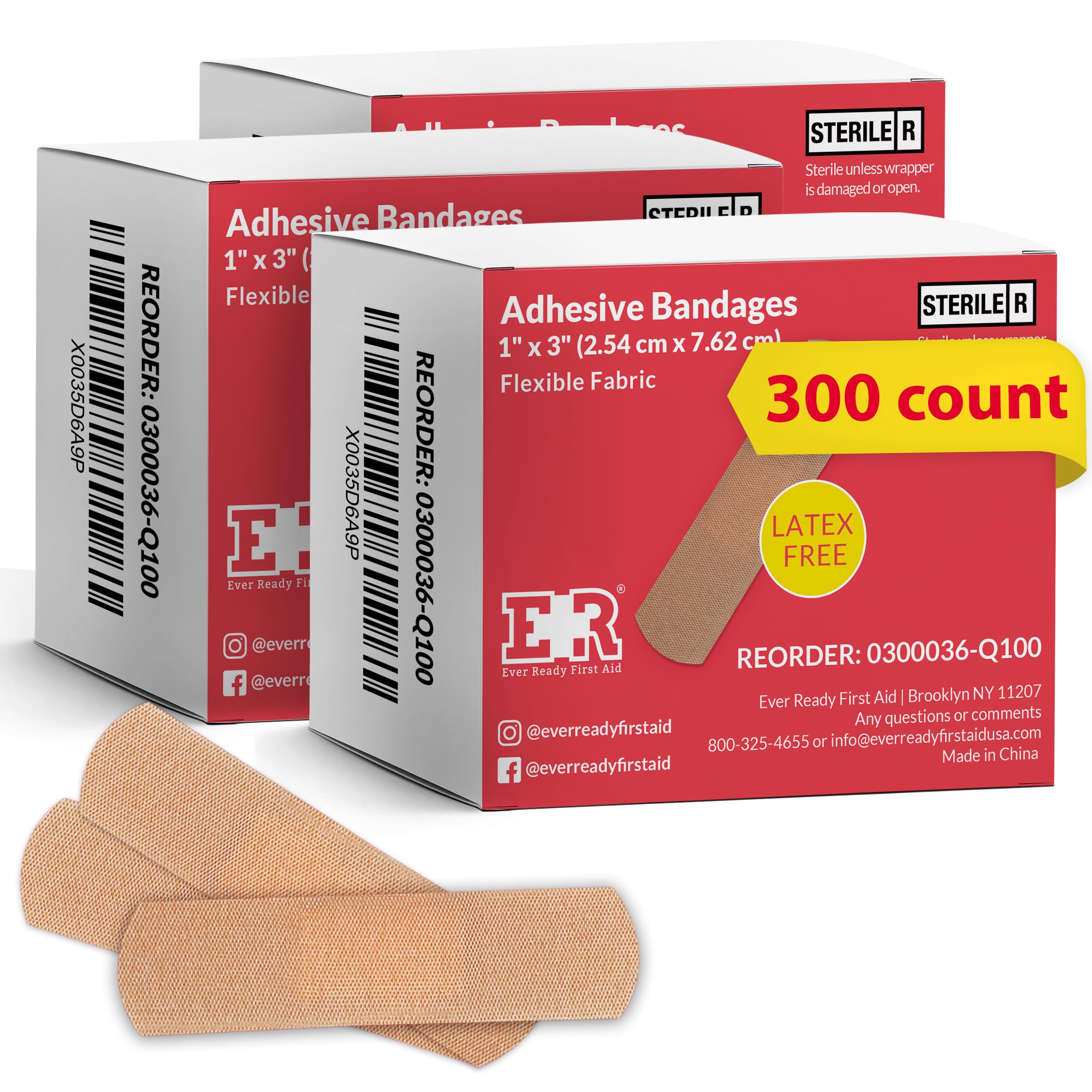 Ever Ready First Aid 1” x 3” Fabric Adhesive Bandages, Latex-Free Stretchy Strips – 300 Count