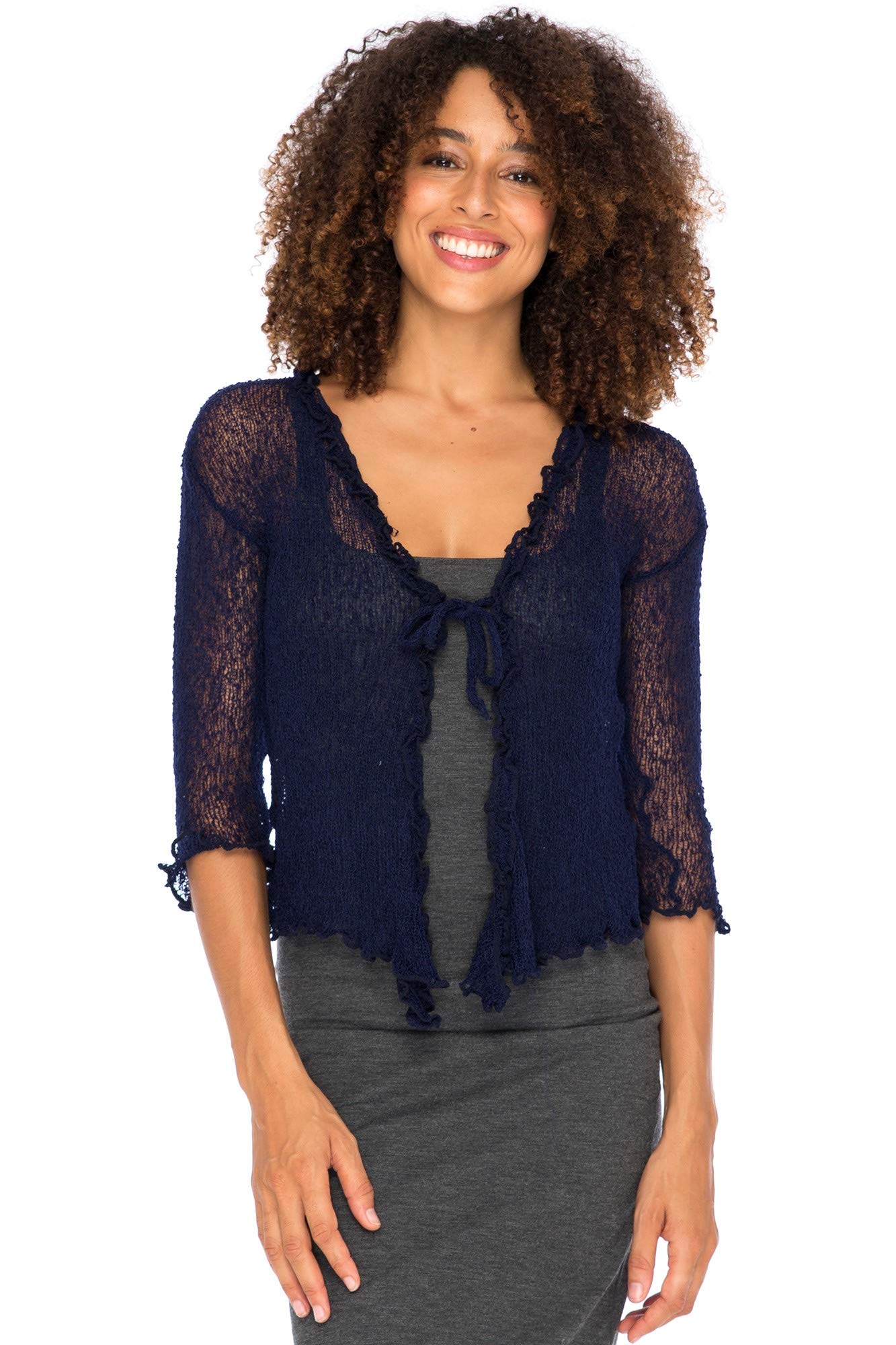 Back From Bali Womens Sheer Shrug Ruffle Cardigan Lightweight Knit Bolero