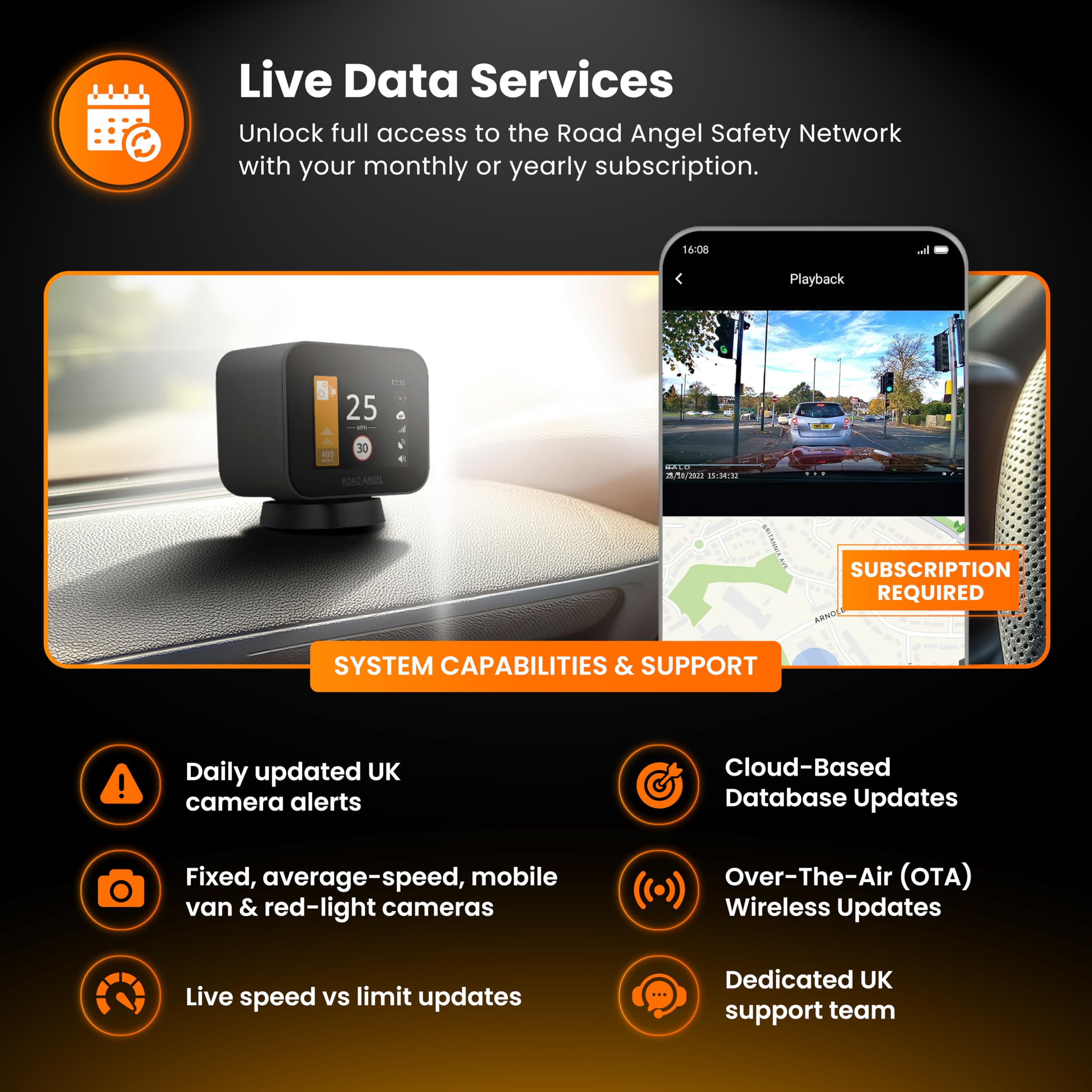 Road Angel Pure Sync Rivelatori di autovelox per auto UK - Rivelatore di autovelox Road Angel - Abbonamento richiesto per l'uso