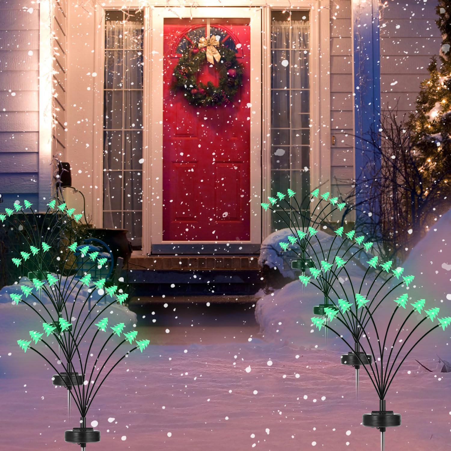 Set Di 4 Luci Solari Per Albero Di Natale Alte 76 Cm Con 80 Fiocchi Di Neve A Led Perfette Per Vialetti E Cortili Esterni 89770675