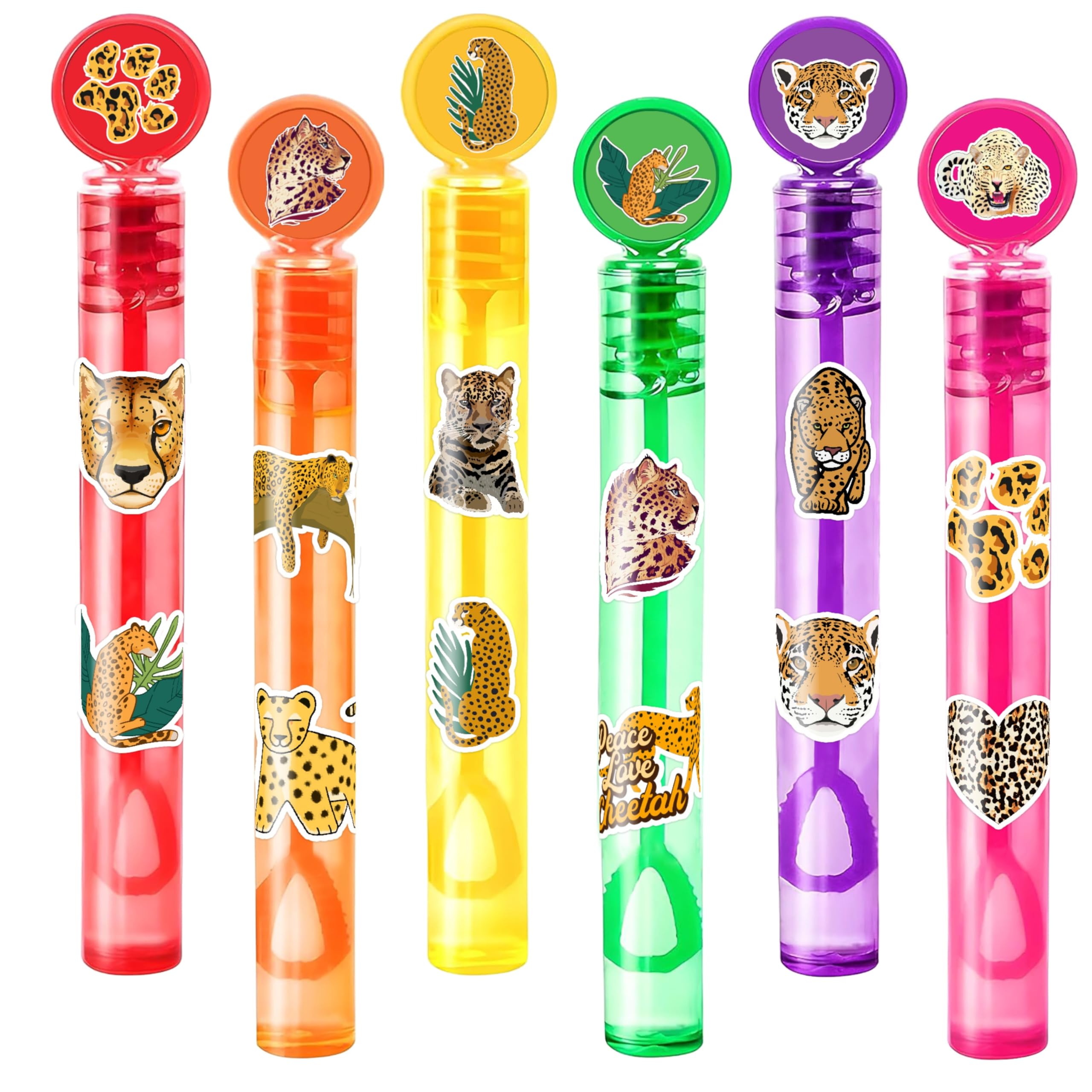 24PCS Cheetah DIY Bubble Wands with 96PCS Stickers - Party Favor for Goodie Bags, Pinata Stuffers, Mini Bubble Bulk Birthday Supplies, Toys Gifts,