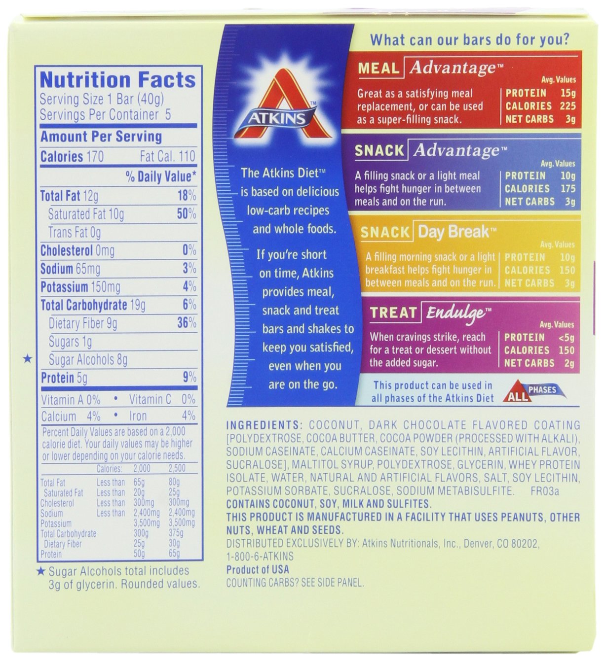 Atkins Endulge Bars, Chocolate Coconut, 5-Count 1.4-Ounce Bars (Pack of 3)