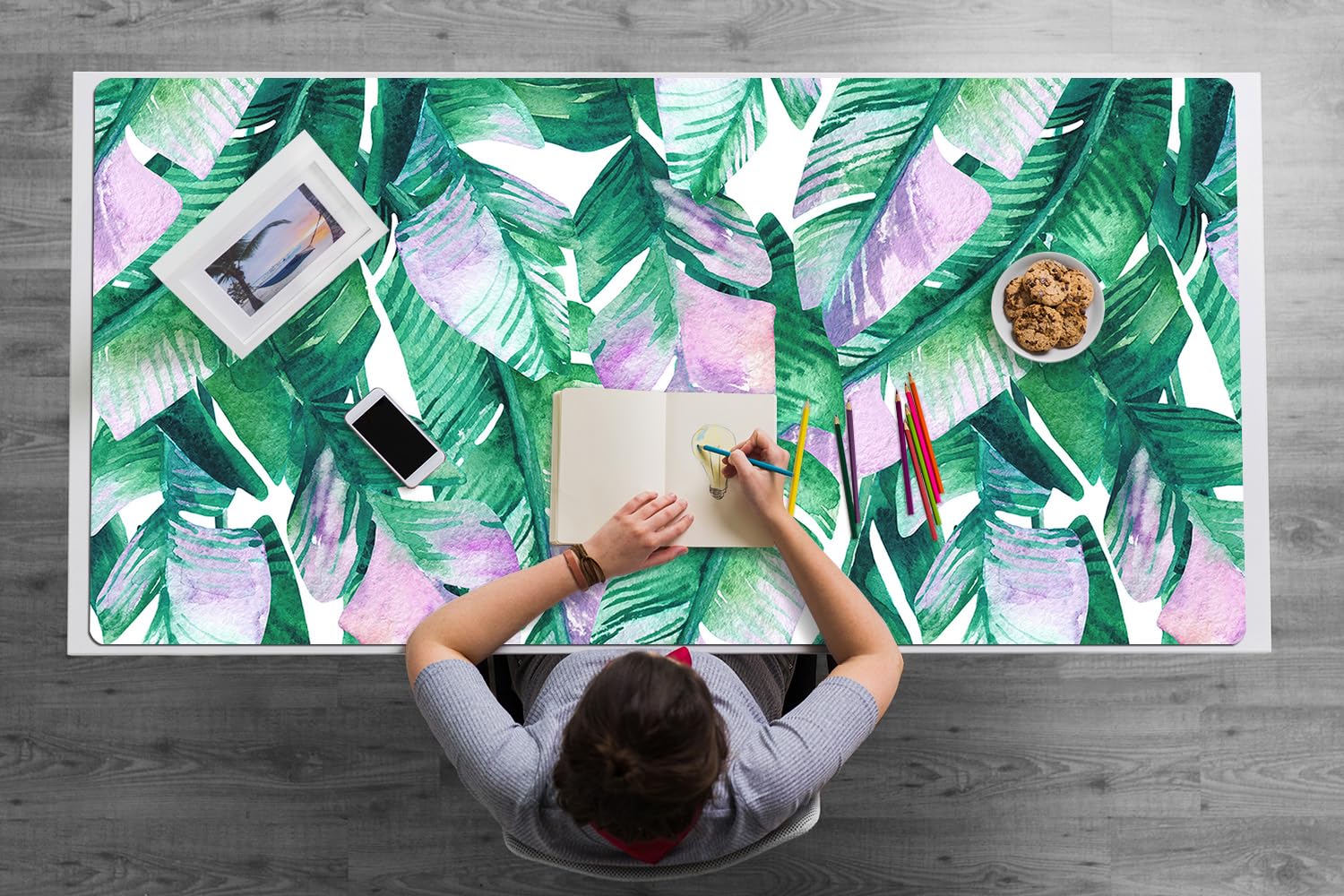 Tappetino da Scrivania 120x60 cm Protezione e Decorazione in Vinile PVC Antiscivolo Impermeabile Facile da Pulire Superficie Protettiva per Ufficio e Casa - Foglie pastello