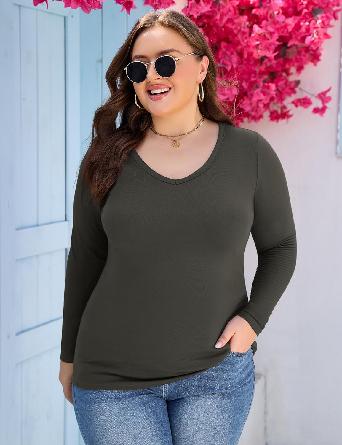 FOREYOND Women's Plus Size Long Sleeve Shirt V Neck Slim Fitted Tshirts Casual Basic Bodycon Basic Tops Undershirts - Image 4