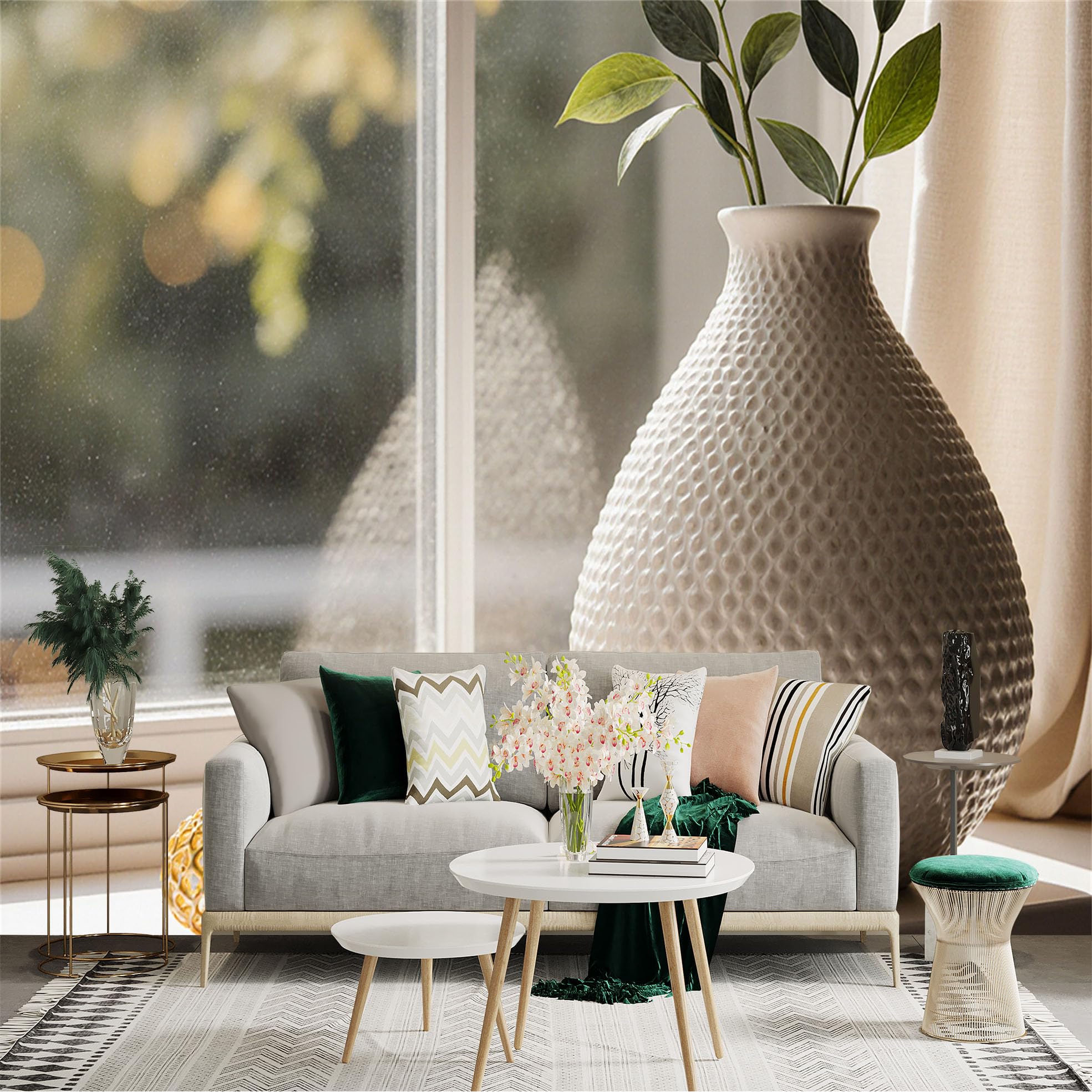 Custom Size Wall Sticker Mural， White Textured Vase by Window， Green Leaves in Vase， Minimalist Home Decor， Golden Spheres， for wall Decoration， peelandstick wall Decals.