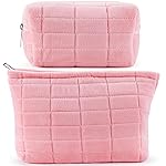 ZLFSRQ 2Pcs Makeup Bag for Women Trendy Large Capacity Cosmetic Bags Plush Pencil Case Pink Checkered Pouch for Purse Coquette Zippered Toiletry Bag Organizer Y2K Aesthetic Pencil Pouch