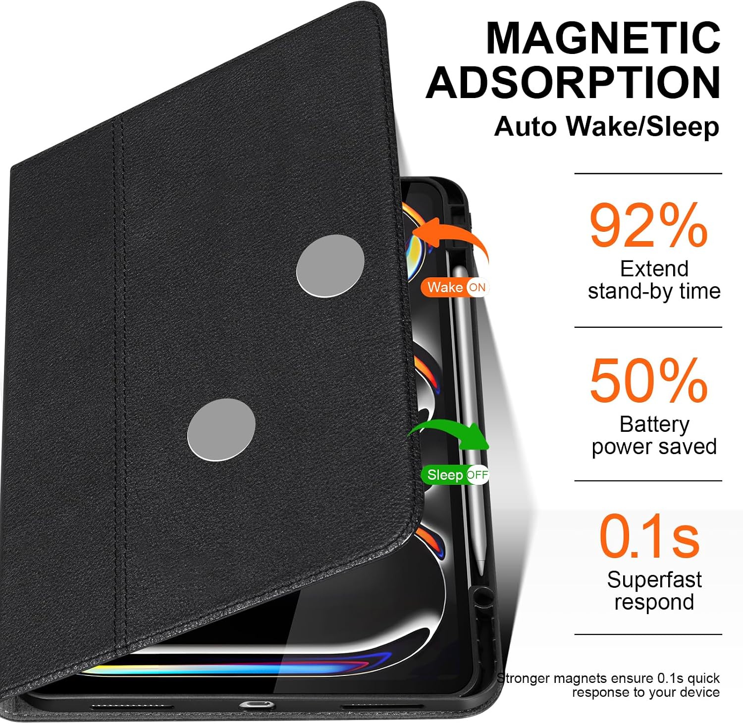Genuine Leather Case for iPad Pro 13 inch 2024/2025 (M4/M5), Business Folio Cover with Magnetic Pencil Holder, Auto Wake/Sleep, Multiple Viewing Angles - Black