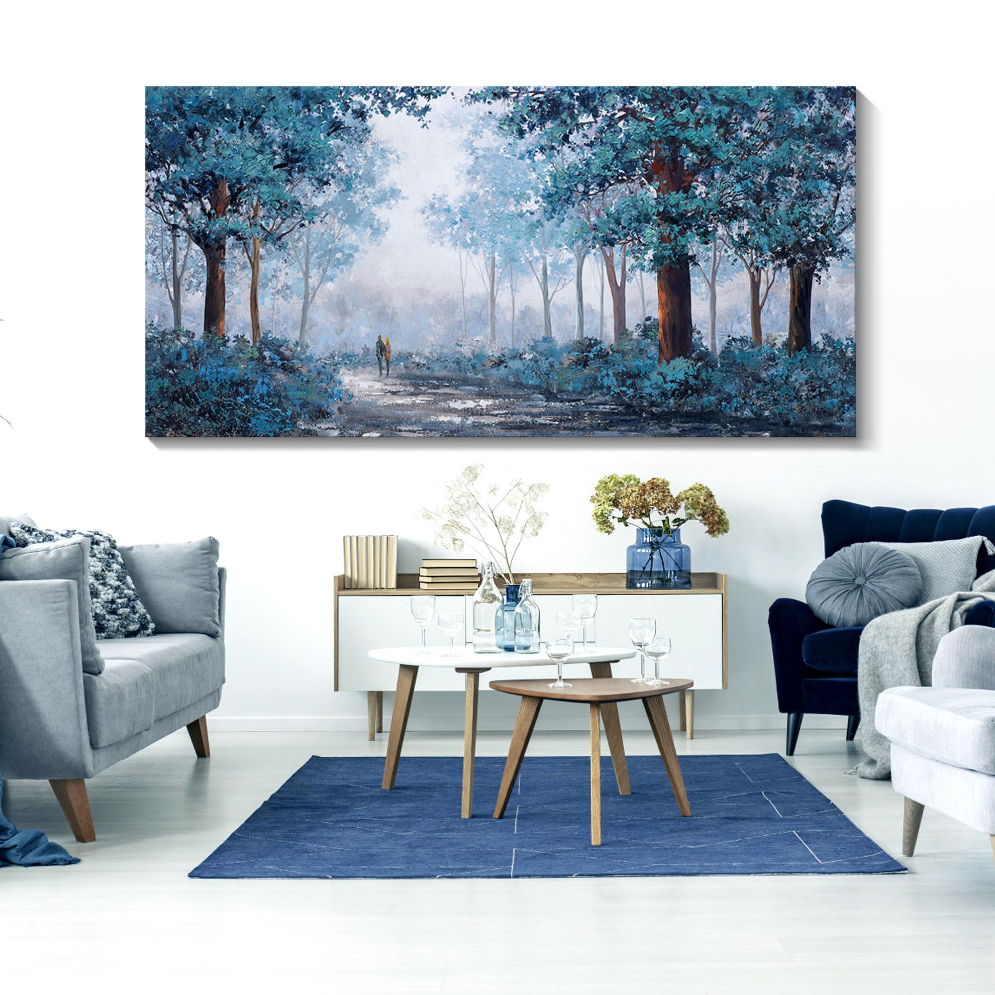 Grande pittura astratta da parete: blu navy, moderna opera d'arte grigia, con lamina d'argento su tela, per ufficio, soggiorno, decorazione (91,4 x 91,4 cm incorniciata