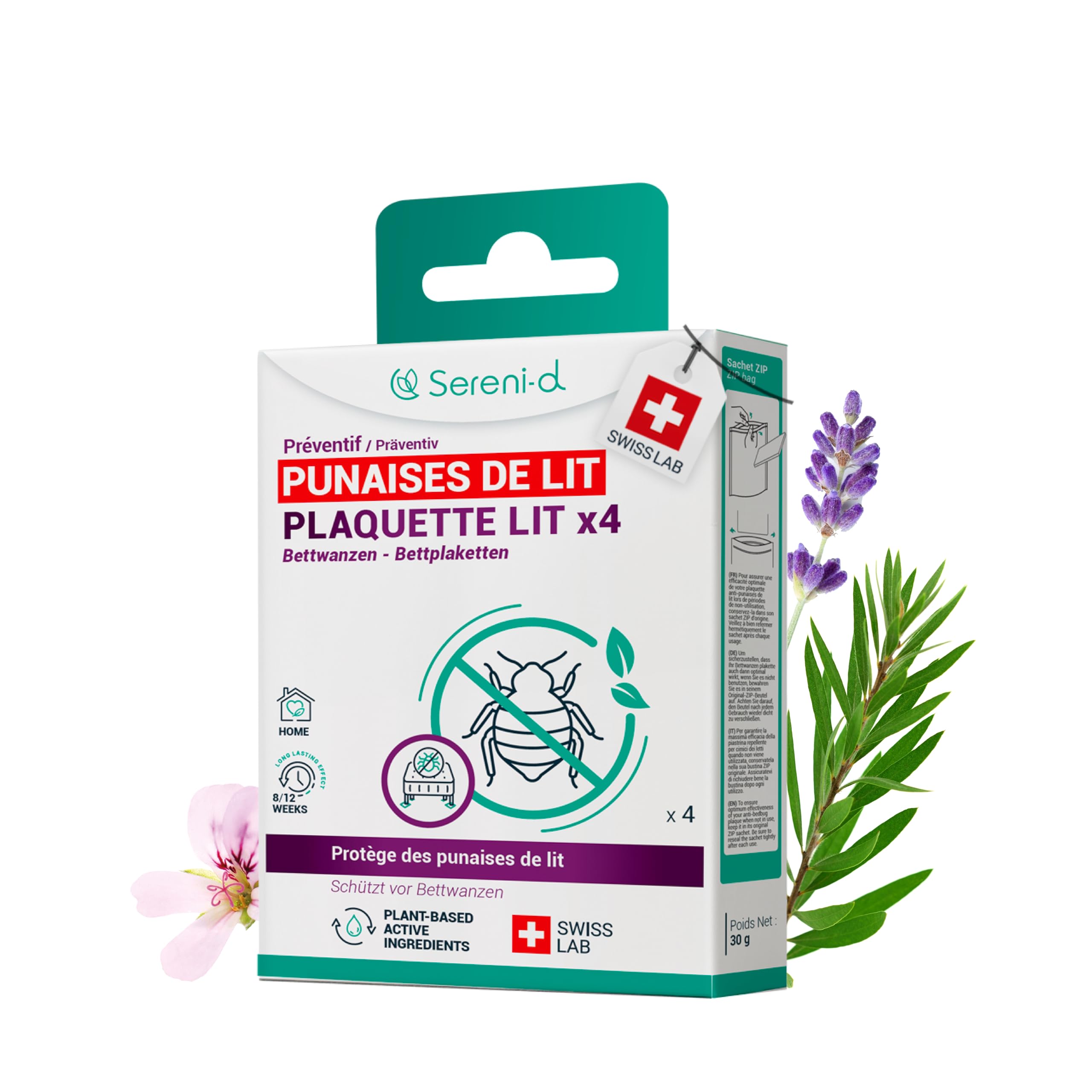 PLAQUETTES LIT Répulsives Punaises de Lit - Protège des punaises de lit pendant votre sommeil - x4