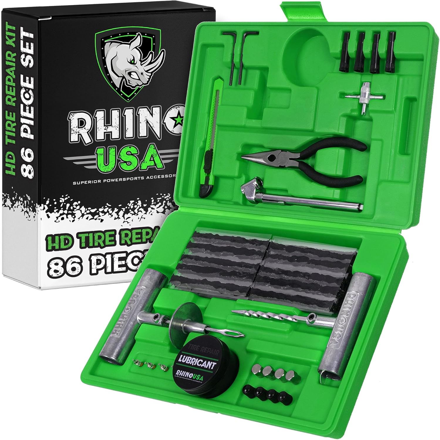 Rhino USA Tire Plug Repair Kit (86-Piece) Fix Punctures & Plug Flats with Ease – Heavy Duty Flat Tire Puncture Repair Kit for Car, Motorcycle, ATV, UTV, RV, Trailer, Tractor, Etc